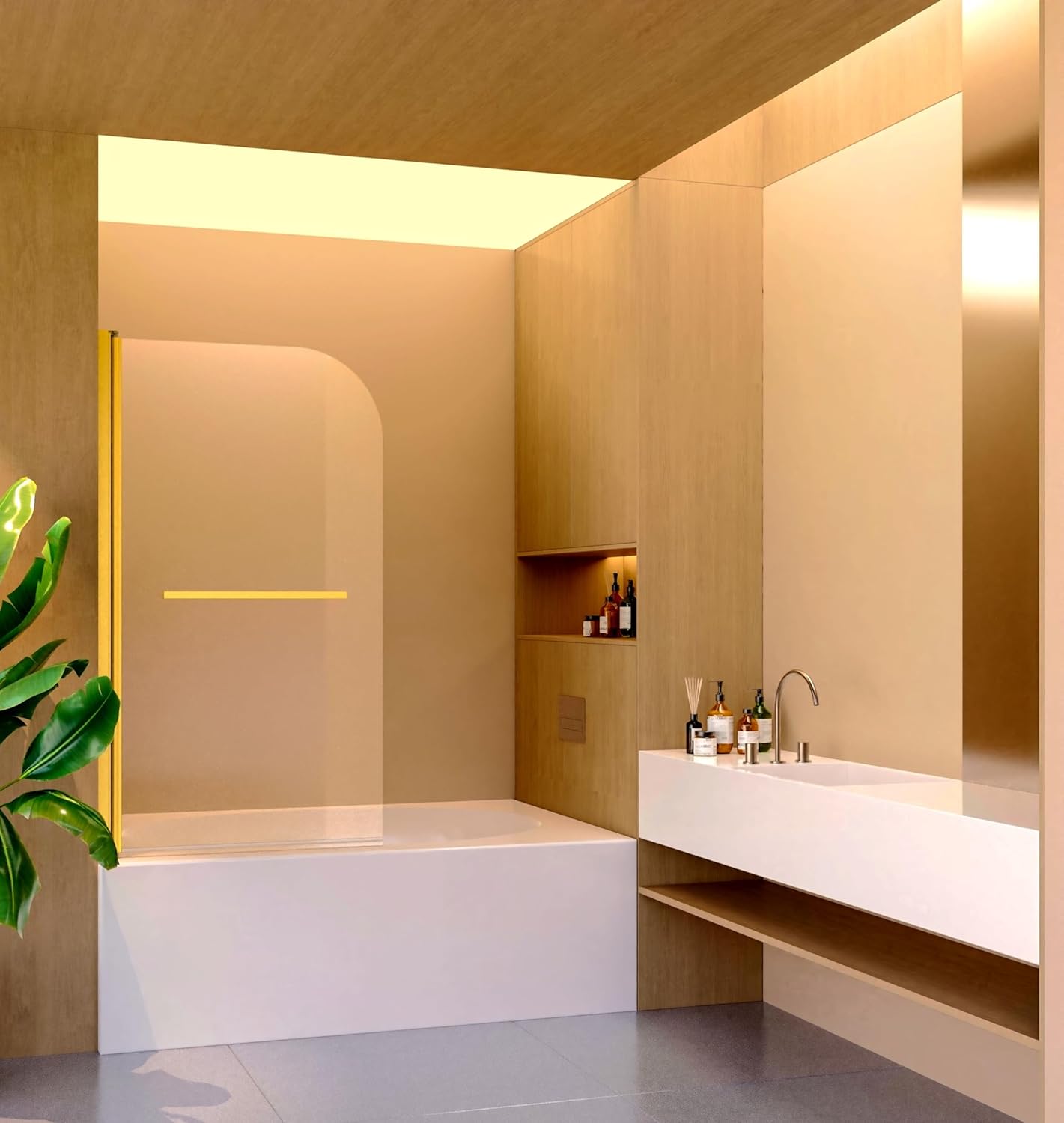 Frameless Bifold Rotatable Shower Tub Door 31" W x 55" H,Bathroom Walk in Shower with Premium 1/4" Tempered Glass,Fixed Frameless Glass Door/RV Retractable Shower Door-Gold