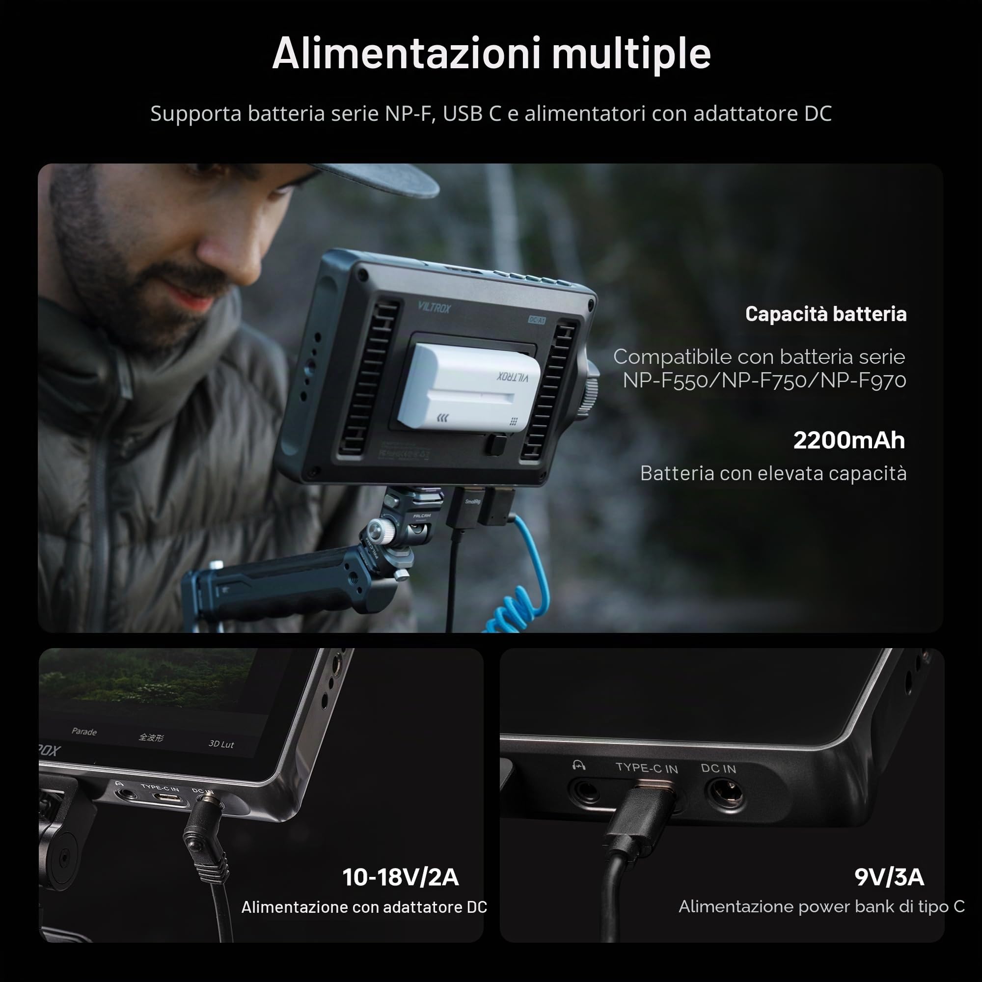 VILTROX DC-A1 2800 Nits Camera Field Monitor Touchscreen con 7 pollici Full HD 1920x1080 IPS 4K HDMI Loop in/Out, LUT 3D Forma d'onda Video Peaking Focus Assist, 170 ° Ampio Angolo di Visione
