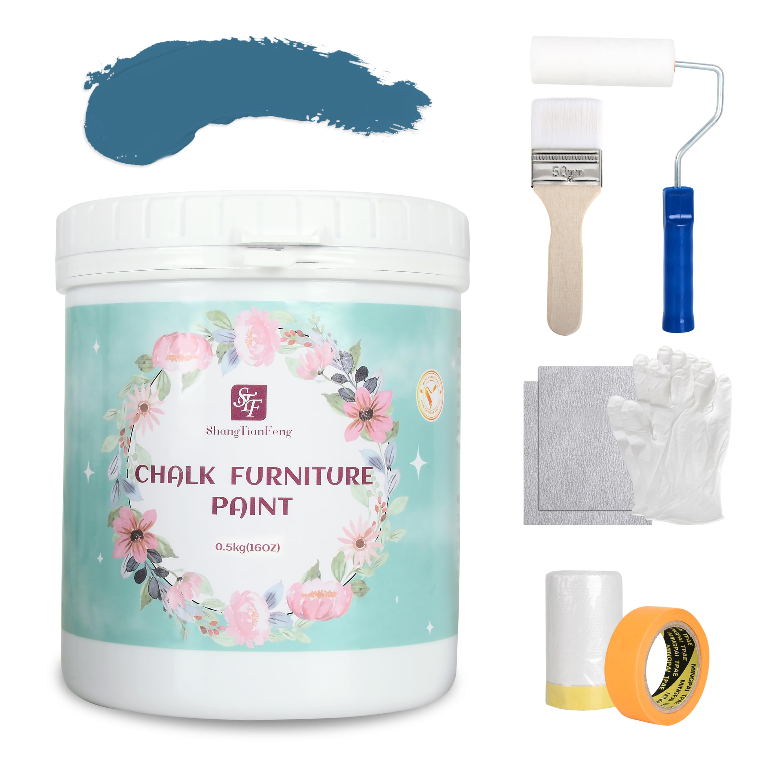 ShangTianFeng Chalk Paint Furniture Paint Kit [16 Oz, Blue Grey], Eco-Friendly Cabinet Paint, Easy to Apply Kitchen Paint for Furniture, All-in-One, Odorless, Matte, No Wax Needed, Non-Toxic