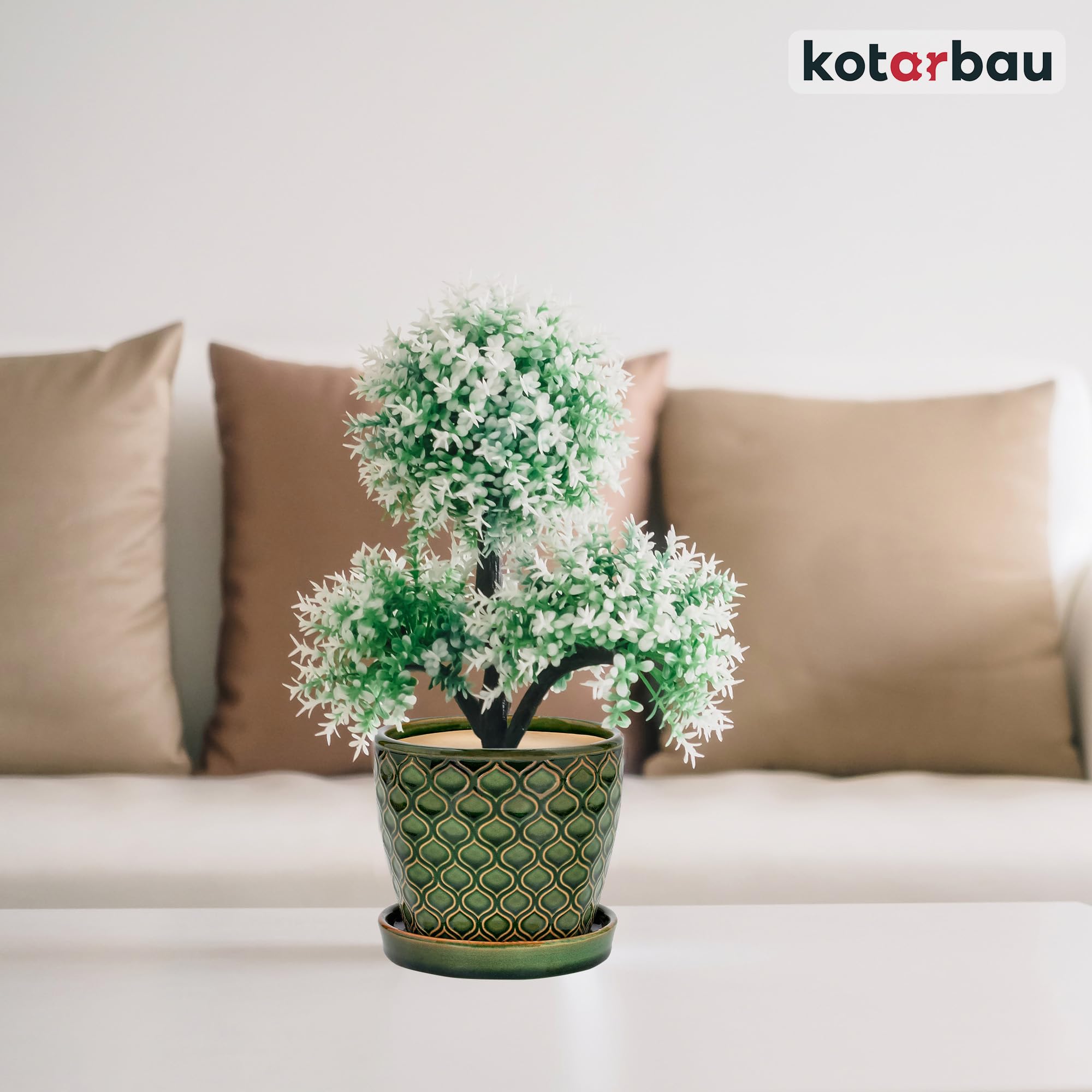 KOTARBAU® - Lot de 2 pots de fleurs en céramique pour plantes, diamètre : 15 cm, vintage, avec bac anti-goutte, motif écailles de poisson, vert