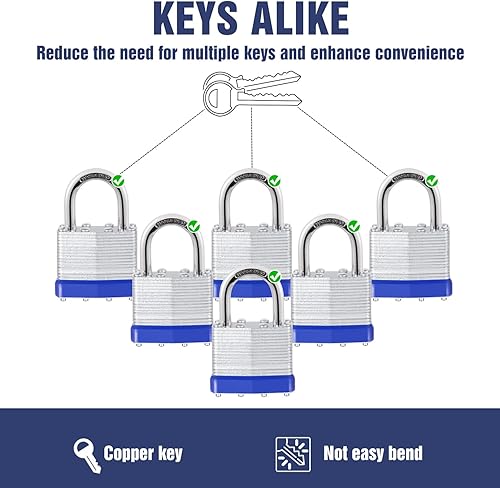 Miniatura 7 de 6 candados con las mismas llaves, acero laminado (1-916 pulgadas, 1.575 in), grillete normal para cobertizos, puertas, vallas, caja de herramientas,