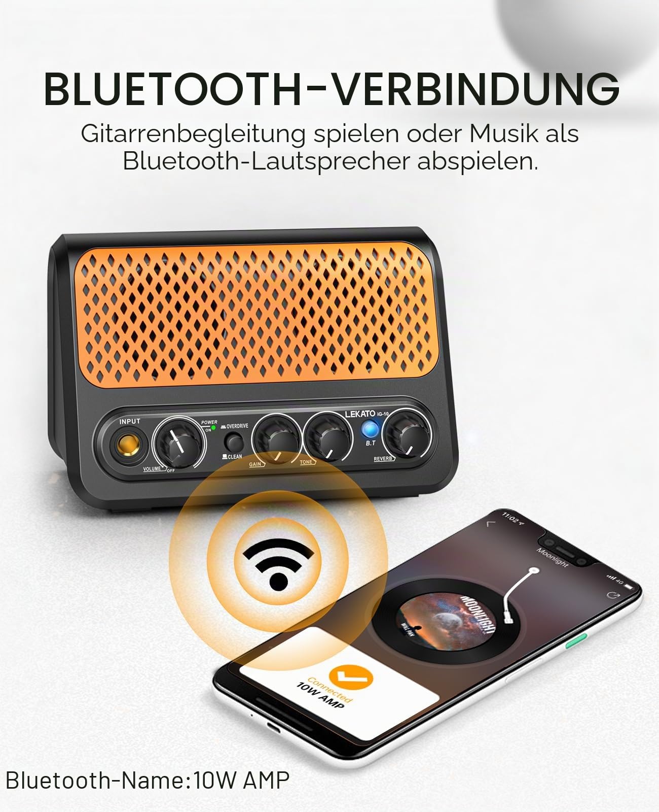 Mini-Gitarrenverstärker, LEKATO 10W tragbarer E-Gitarrenverstärker mit Clean- und Overdrive-Kanal, Reverb und Bluetooth-Verbindung (schwarz-orange)
