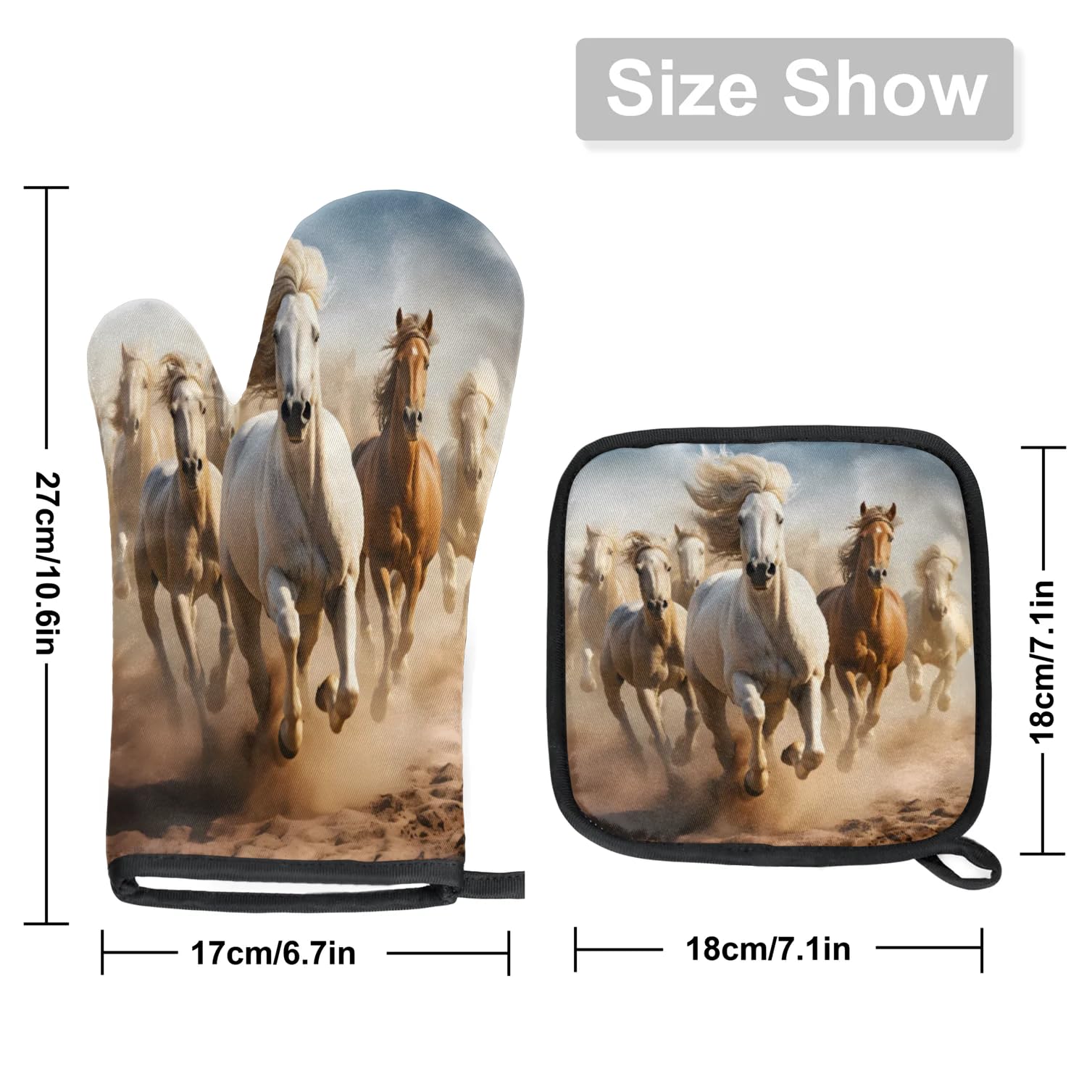 Horses Running Oven Mitts Kitchen Oven Gloves for Cooking Baking Heat Proof Lining Cotton Kitchen Potholder Mittens Pot Holders Hot Pads for Chef Women Men