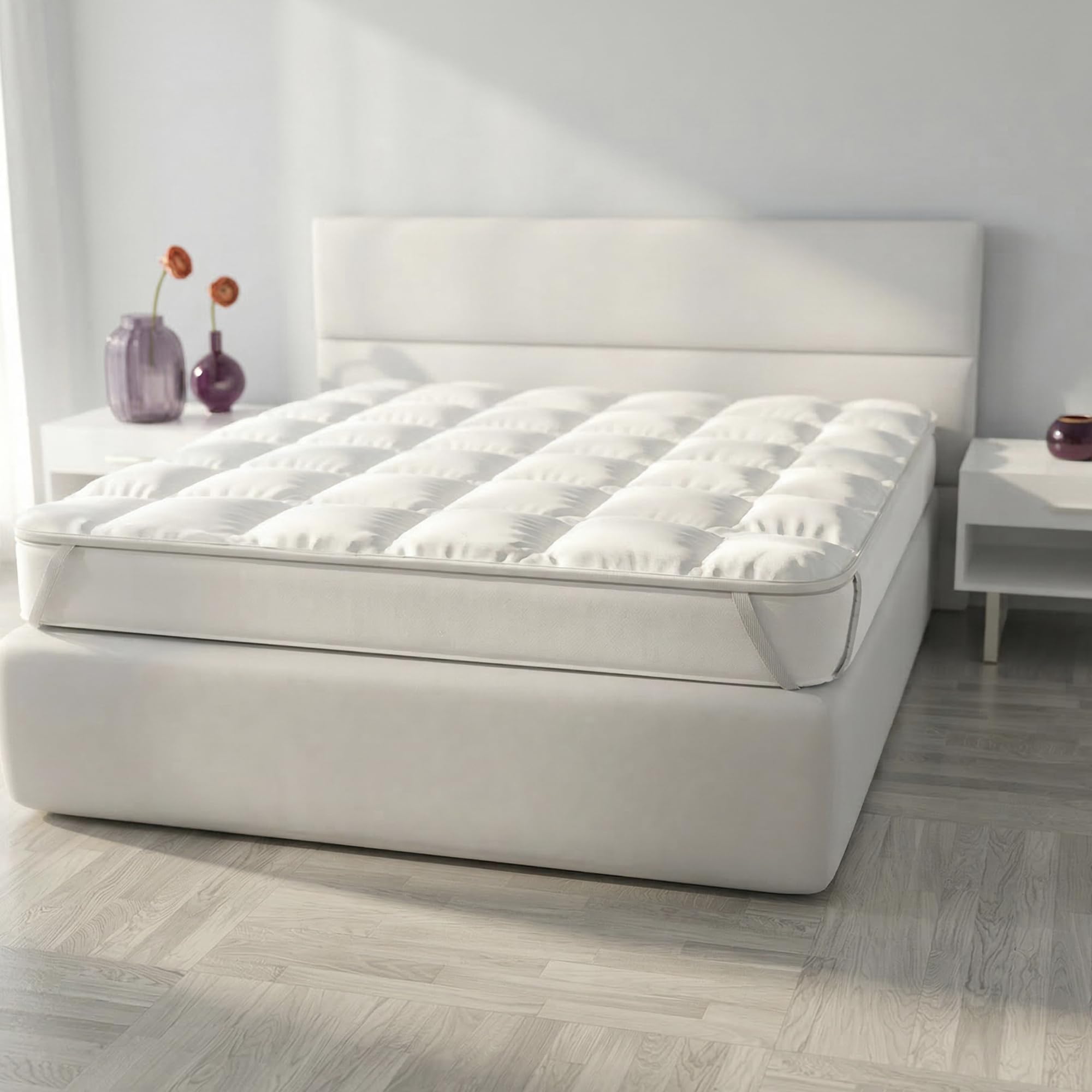 Topper Matrimoniale in Microfibra con Imbottitura di 300gr/mq - NON SCIVOLA con Cinghie Angolari - Trapuntato per Mantenere Uniforme l'Imbottitura e la Morbidezza nel Tempo (160x195cm)