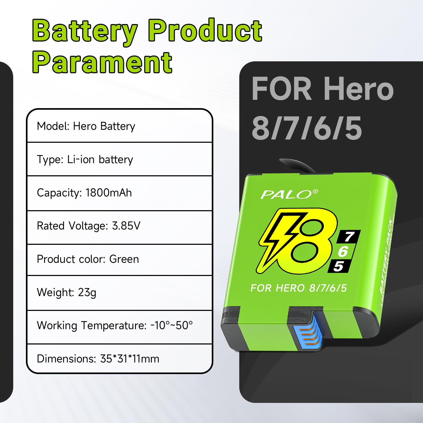 Lot de 2 Batteries 1800 pour Hero 8/7/6/5 Black – 3,85 V/Li-ION Batterie de Rechange Compatible avec Hero 8 7 6 5 Black, AHDBT801, AHDBT-701, AHDBT-501, AABAT-001