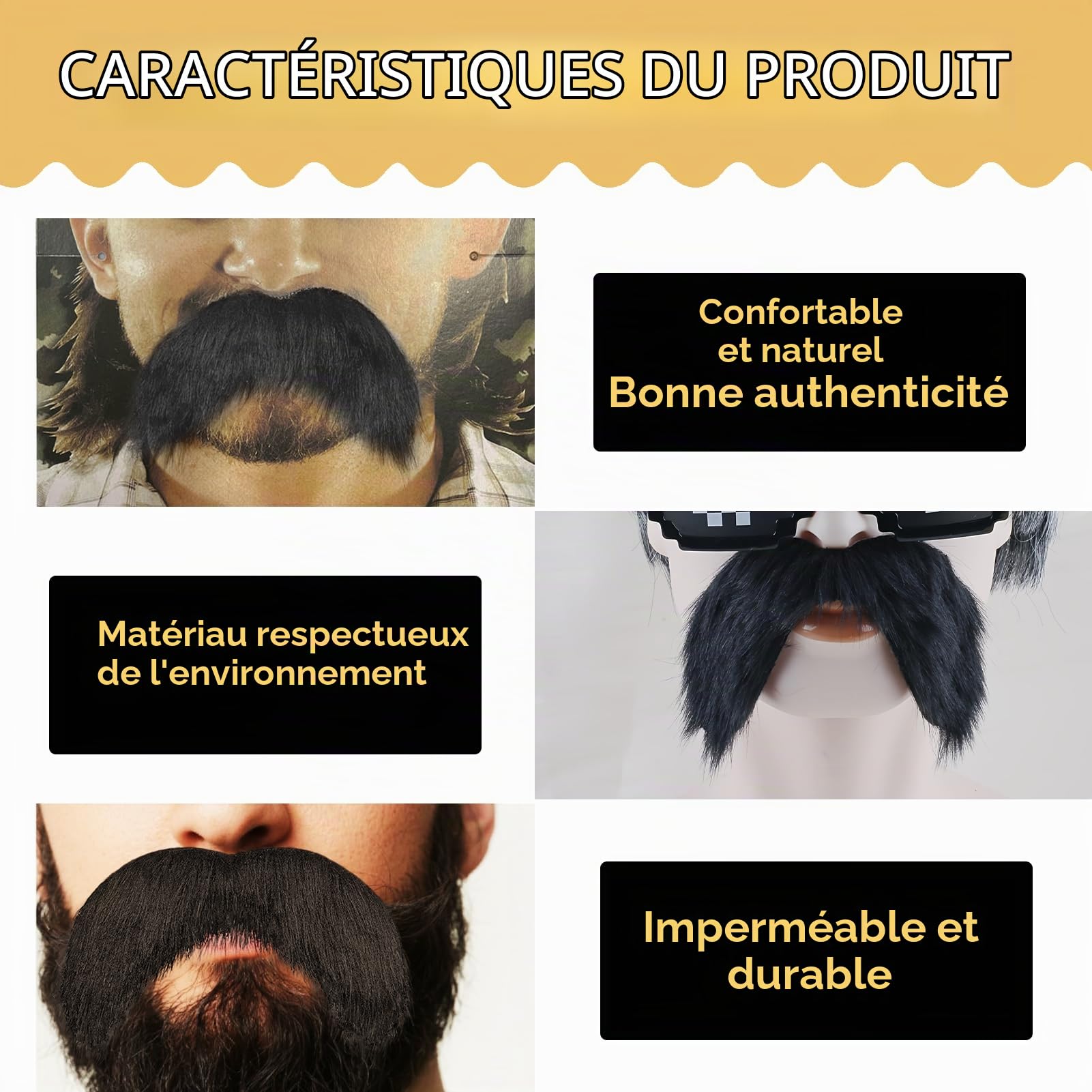 Moustache Autocollante Fausse Barbe Noir Lot De 4 pour Deguisement Homme Cosplay Maquillage Halloween Soirée Déguisée Accessoires Festifs Rôle Ancien Adulte