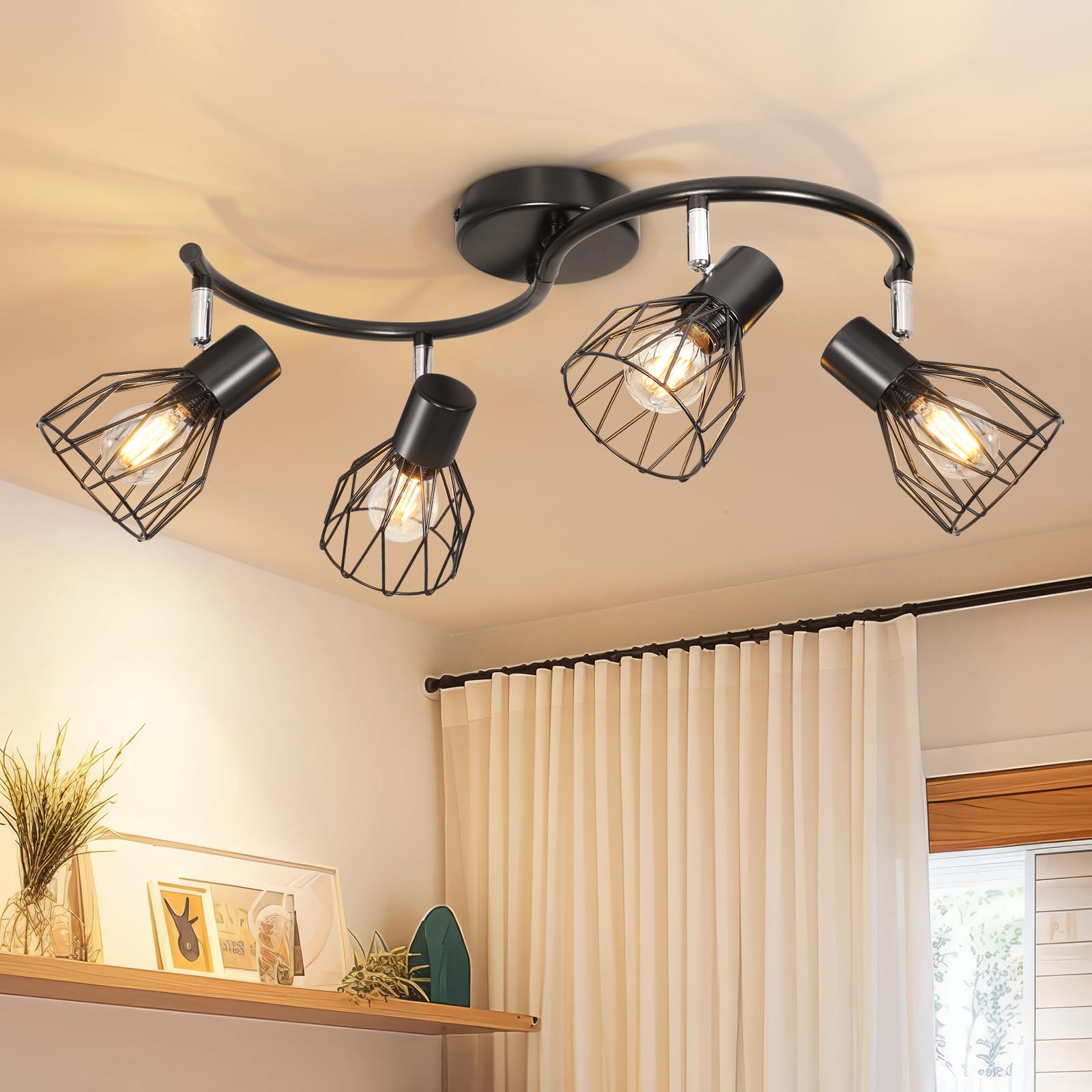 Kimjo Luminaire Plafonnier LED Orientable 4 Spot Noir - Plafonnier Industriel E14 Spots de Plafond