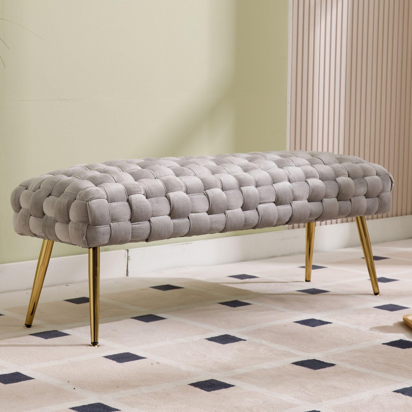 Banco Otomano de Terciopelo Tapizado con Patas de Metal Dorado, Asiento para Ventana para Dormitorio y Sala de Estar, Gris