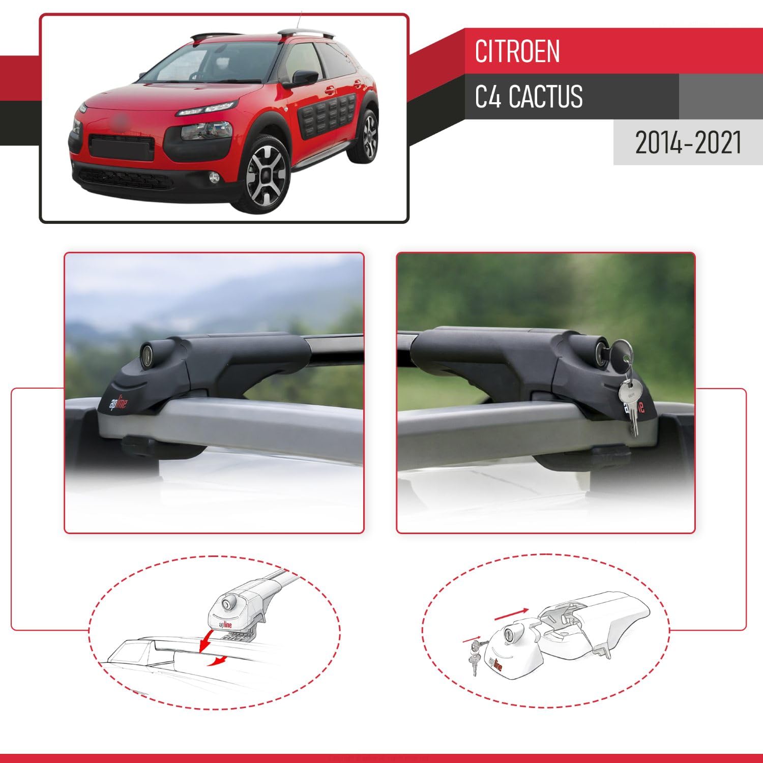 Pasuje do Citroen C4 Cactus 2014-2021 ACE-1 relingi dachowe bagażnik samochodowy, czarny, aluminium, 2 pręty