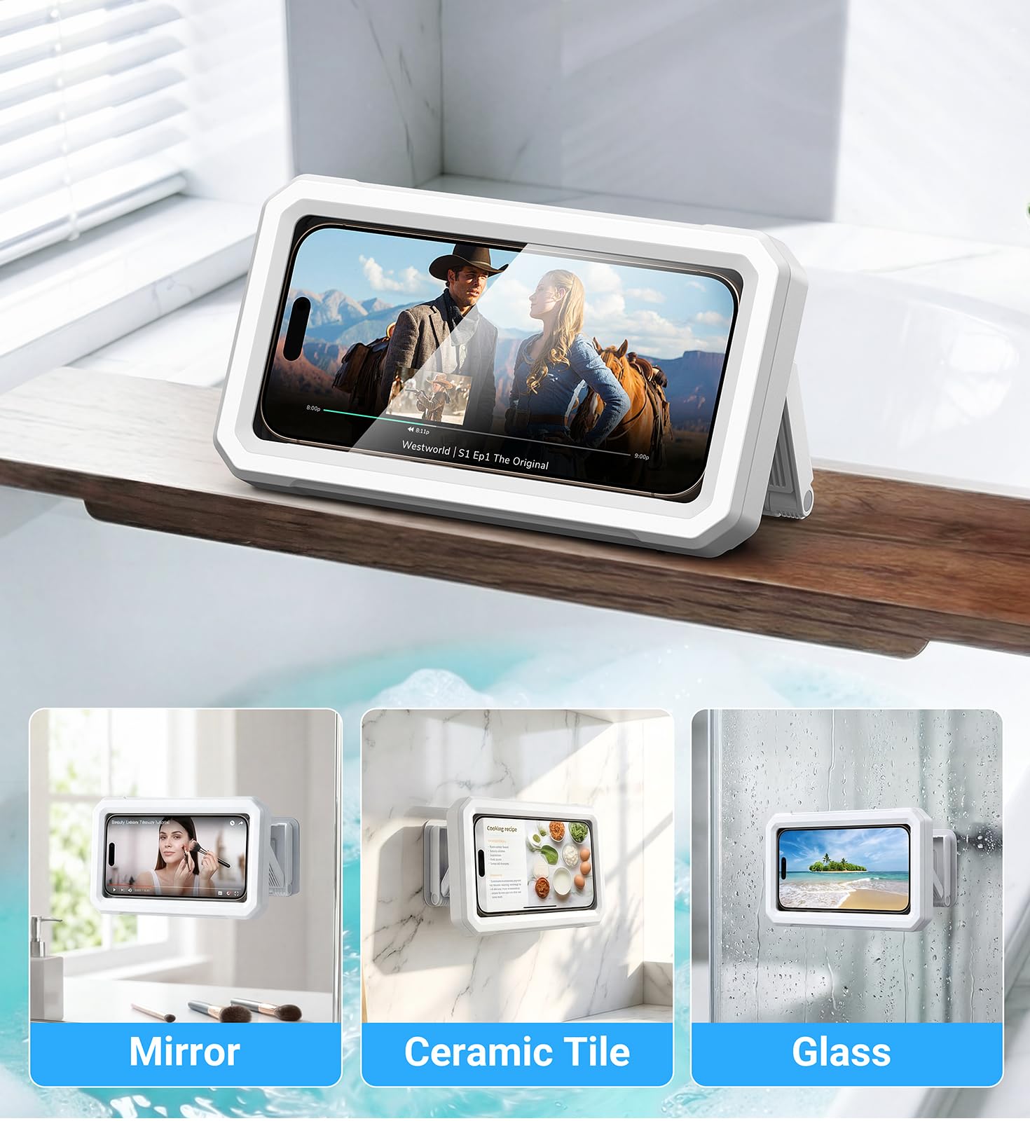 Supporto per Telefono da Doccia【Impermeabile IPX6】 custodia impermeabile smartphone 480° Rotazione, supporto telefono doccia antiappannamento ad alta definizione, per Smartphone Fino a 7" Kit