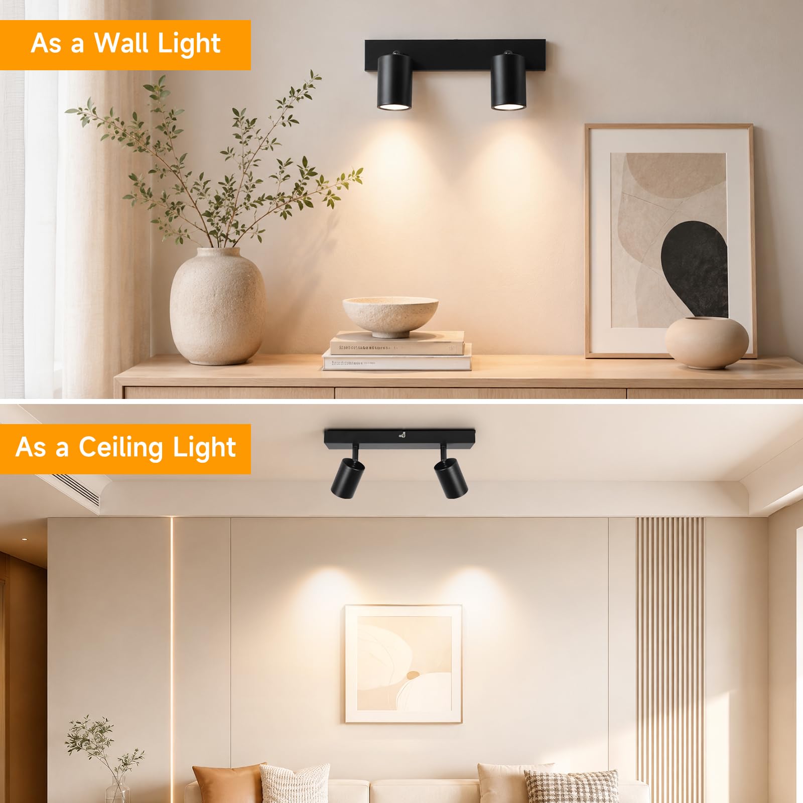 Lámpara de Techo de 2 Focos Giratorios GU10, Lámpara de Pared Interior LED Negro Ajustables, Foco de Pared para Interior Iluminación para Dormitorio Pasillo Cocina, Sin Bombilla GU10