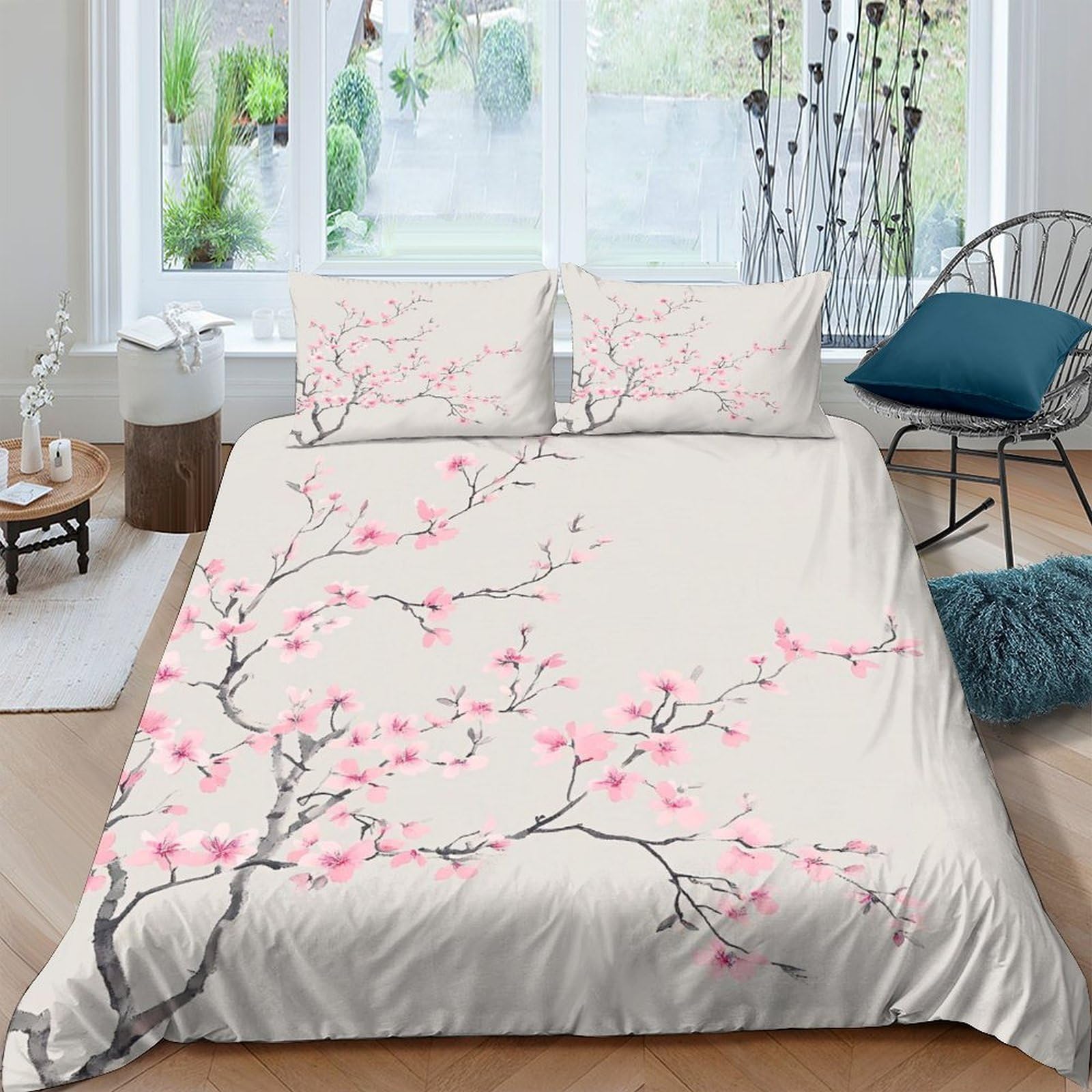 Ctjqhvkz Style-2 3D Printed Sakura Blossom Fitted Sheet Microfiber Soft Breathable Japanese Branch Mattress Cover Bedroom Decor Single（135X200cm）