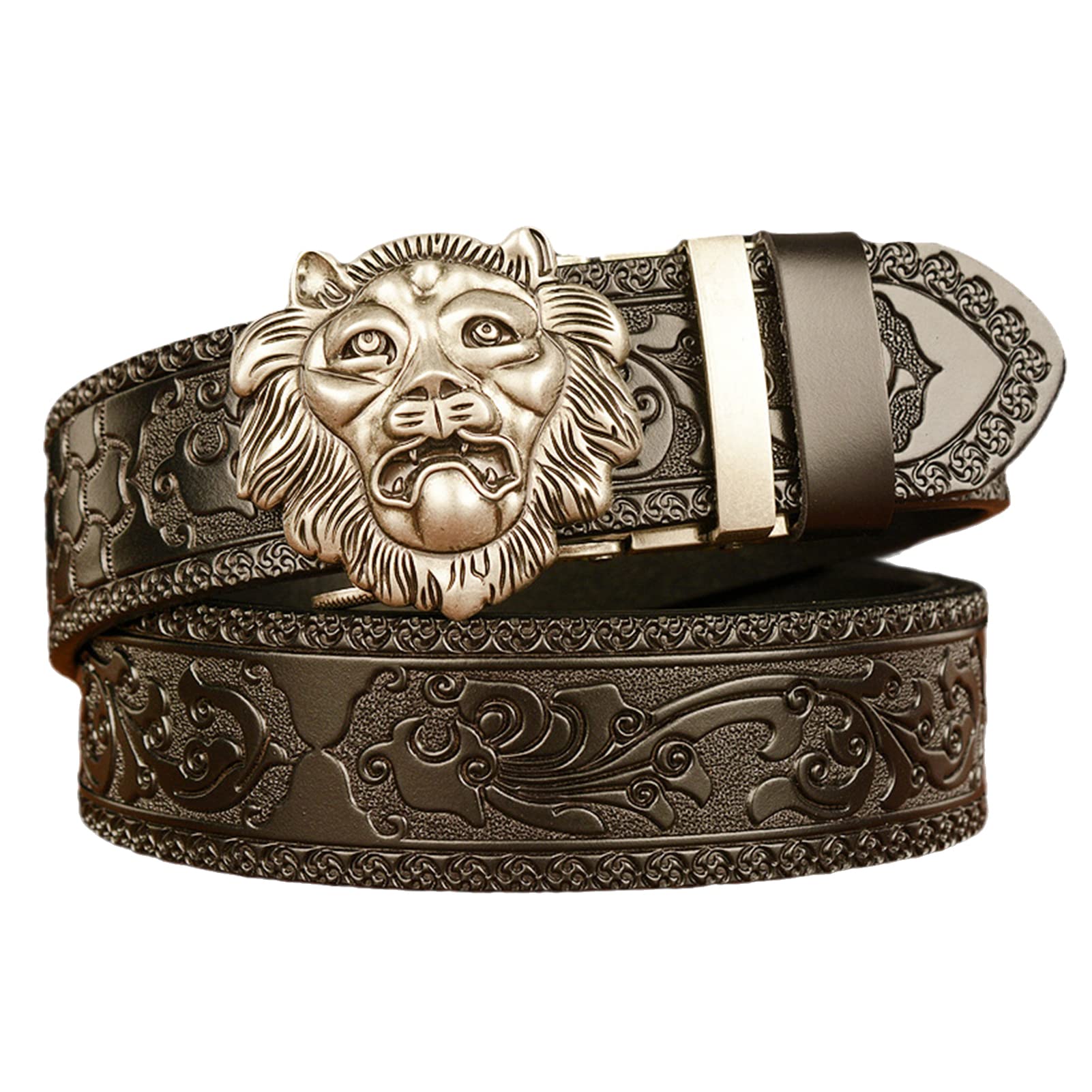 BDAYEK Men's Belt Men's Belt Automatic Buckle Carved Leather Casual Trouser(Lion~a,125Cm/Waist:42"~44")