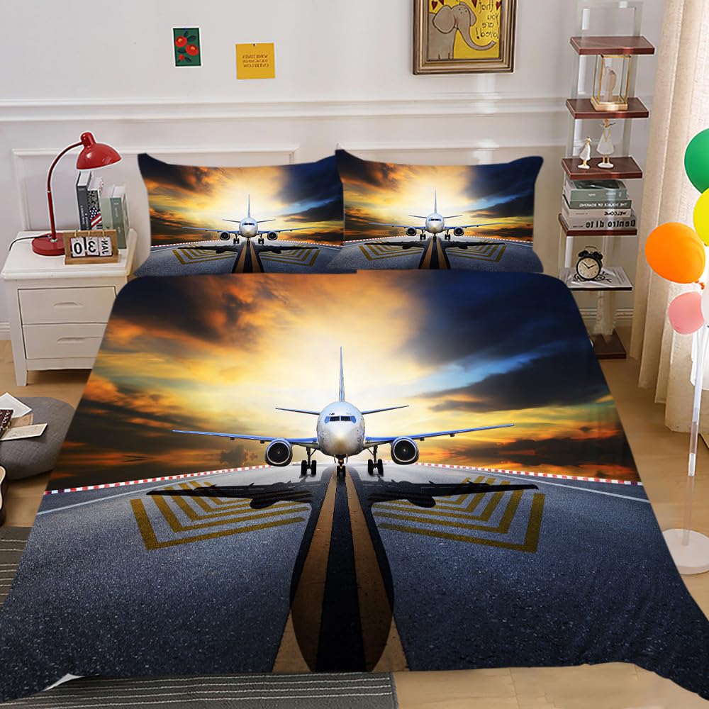 ZZTBQ - Kids Double Bed Duvet Cover and Pillow Cases Set - Modern Aviation Airplane - Helicopter Theme - Kids Double Bedding for Boys and Girls - 200 x 200 cm