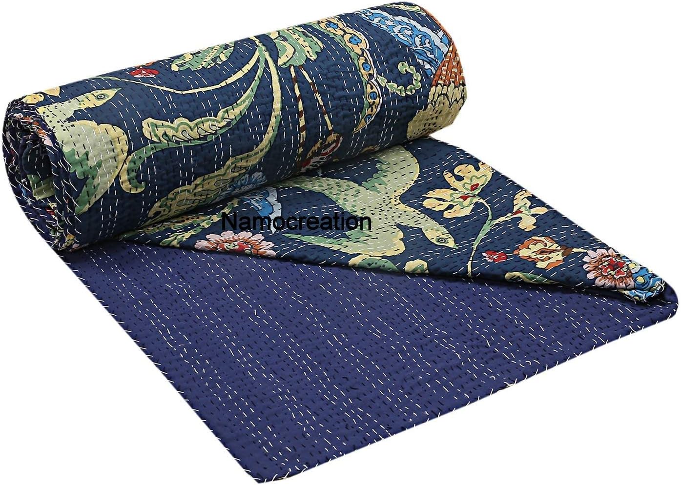 Blue Indian 100% Cotton Peacock Animal Print Kantha Home Decor Handmade Quilt Handblock Sofa Cover Bohemian Bedspread bedcover Throw Blanket Twin Size 60X90 Inches