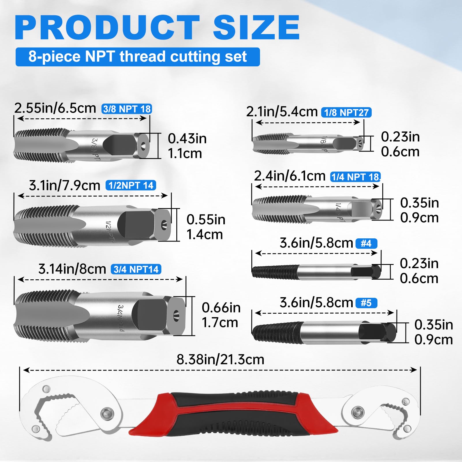 LOCOPOW Jeu de 8 tarauds à tube NPT 1/8", 1/4", 3/8", 1/2", 3/4" NPT n° 4, extracteur de vis n° 6 et clé universelle, jeu de tarauds à main spécialement conçus pour filetage de précision