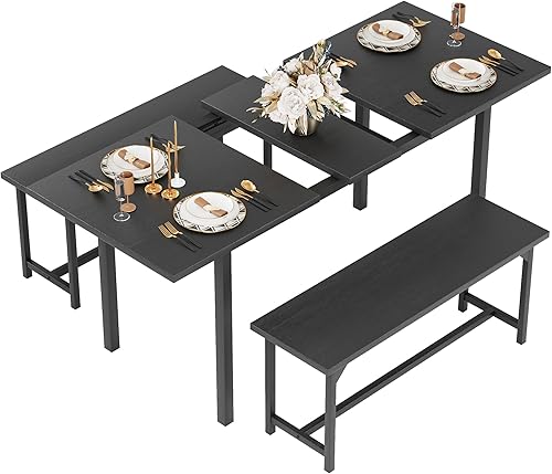 Juego de 3 mesas de comedor extensibles de 63 pulgadas para 4-6 personas con 2 bancos, mesa de cocina moderna de mediados de siglo para espacios