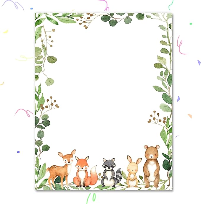 60-Sheet Woodland Forest Animal Baby Shower Stationery – 8.5×11″ Single-Sided Letterhead Paper for Invitations, Thank-You Notes & Writing