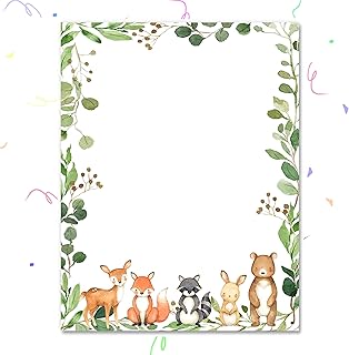 60-Sheet Woodland Forest Animal Baby Shower Stationery – 8.5×11″ Single-Sided Letterhead Paper for Invitations, Thank-You Notes & Writing