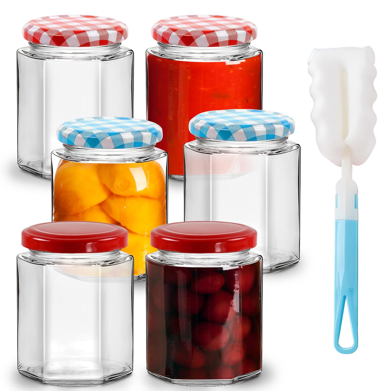 Chungg Transparent Glass Jam Jars With Lids, Small Mason Jars For Pickling And Preserving Food, Equipped With A Sponge Brush, Airtight Hexagonal Use For Kitchen 300Ml Clear Container (6 Set)
