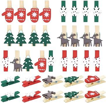 100pcs Christmas Wood Clips Xmas Tree Snowflake Elk Gloves Clothespins DIY Photo Pegs Hanging Clips for Party Favors Home School Art Craft Decor