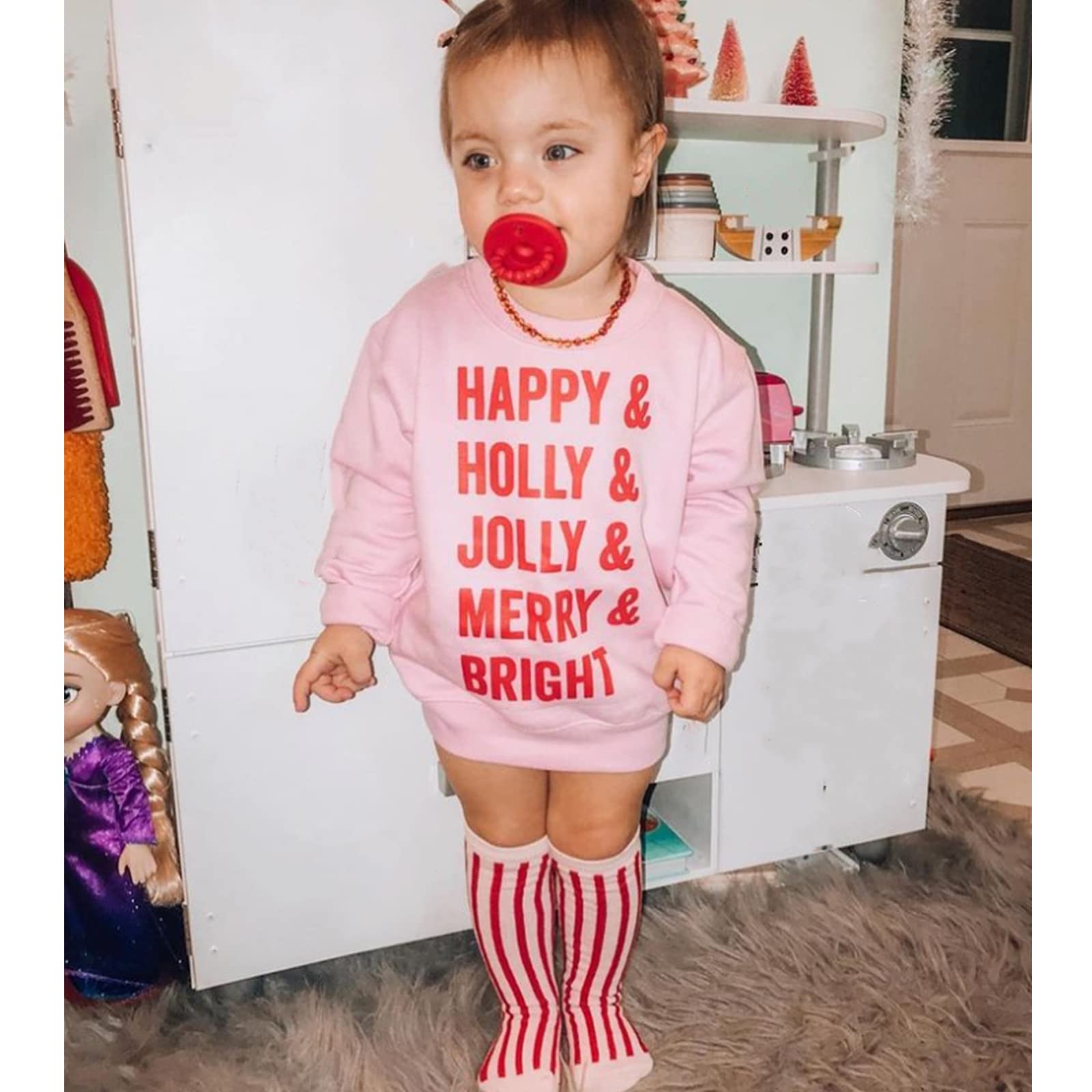 Toddler Baby Boy Girl Christmas Clothes Letter Print Long Sleeve Sweatshirt Top Crewneck Pullover Sweater Shirt Winter 0-5T (D-Pink, 4-5 Years)