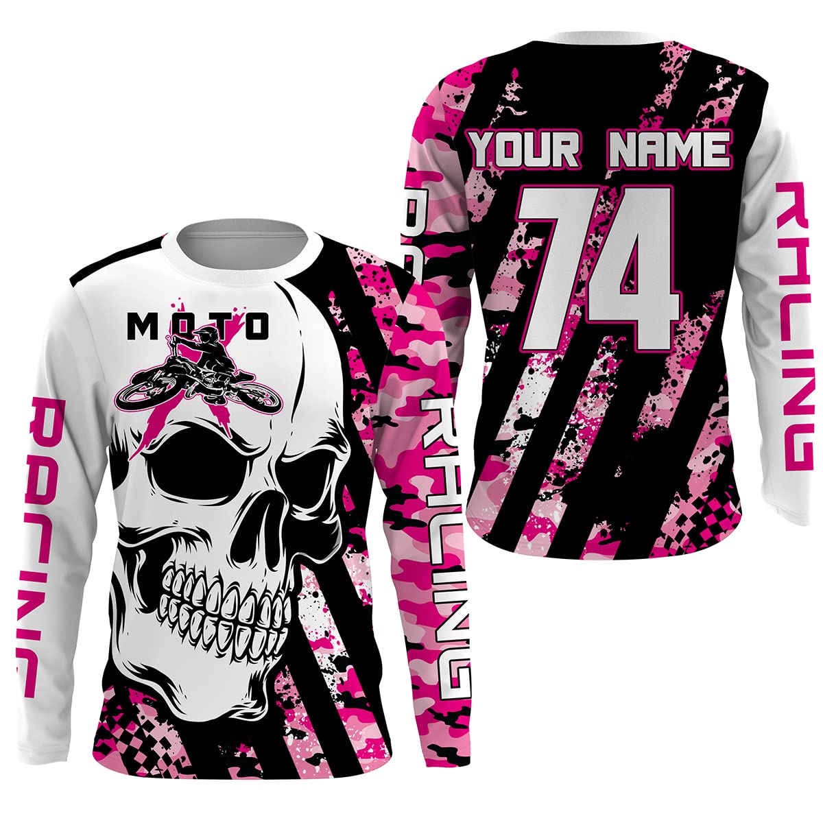 PIONAMZIOZ Skull Motox Jersey Custom Number Motocross Dirt Bike Racing Shirt for Youth & Adult (Pink)