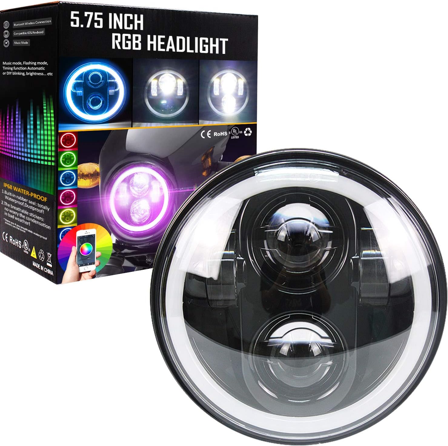 5.75 Inch Muti-color Halo Harley Headlight