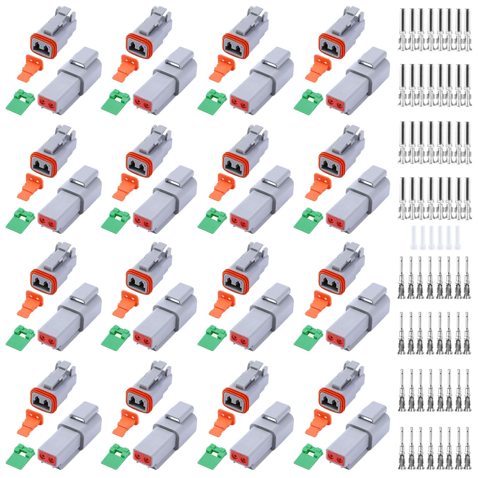 134 PCS Deutsch DT Grey 2 Pin Connectors 16 Set, Waterproof Electrical Wire Connector with Stamped Contacts and Seal Plug for Truck, Off-Road Vehicles, Construction, Agriculture, Motorcycle Wiring