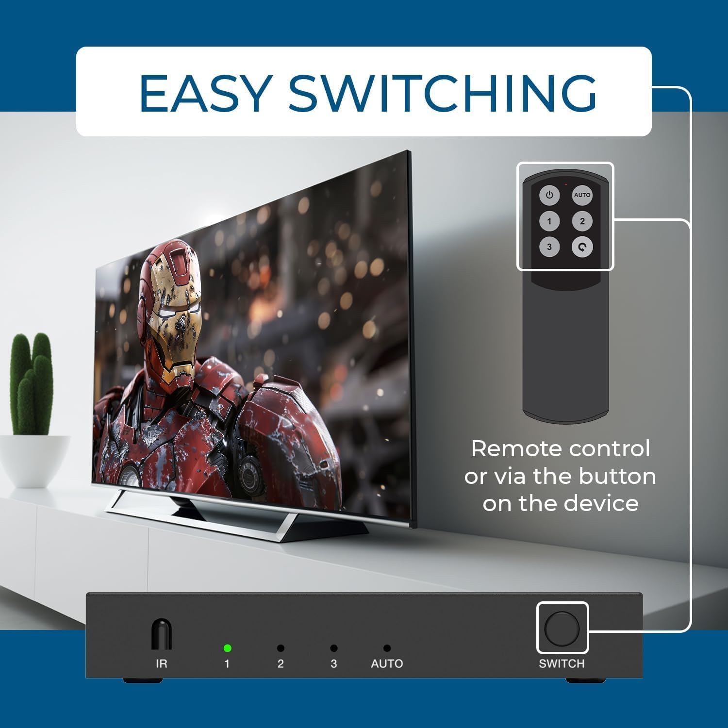 OREI 8K 3-Port HDMI 2.1 Switch, 3 Zoll 1-Out, 8K @ 60Hz, manueller & automatischer Schalter