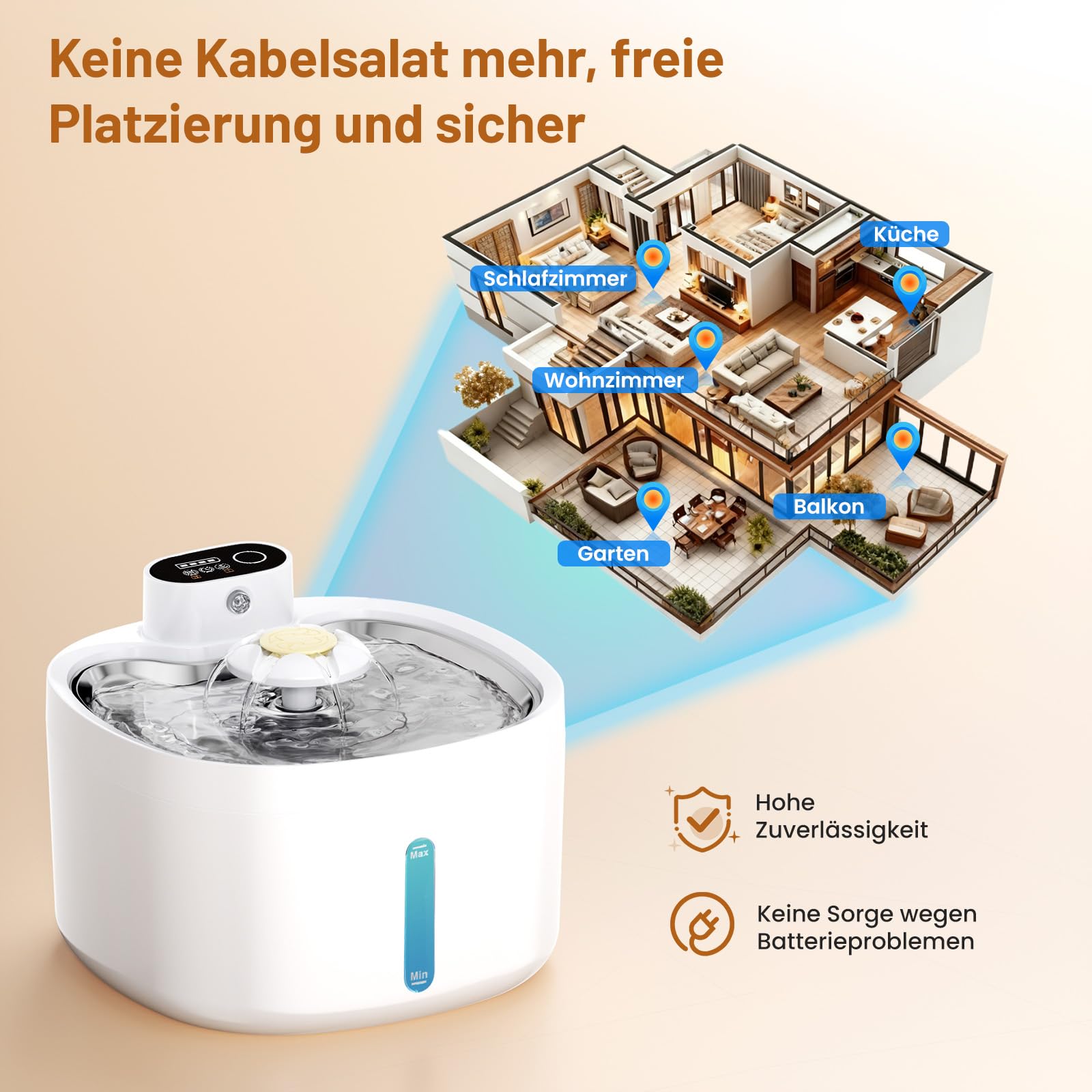 Katzenbrunnen, 2.6L Trinkbrunnen für Katze mit 4 Filter, Leise Katzenbrunnen Kabellos mit Bewegungsmelder, 4000mAh Batteriebetrieben Katzentrinkbrunnen, Tablett aus Edelstahl für Katze - BPA-Frei