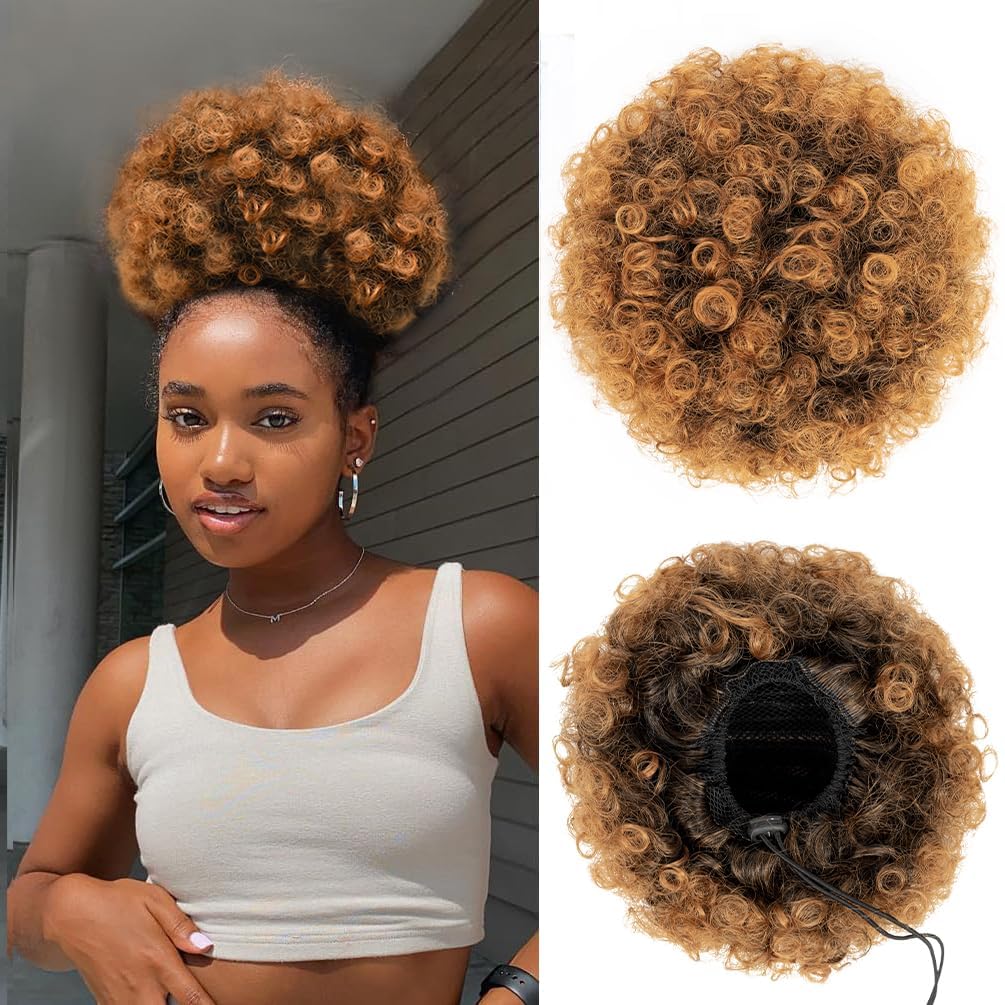 YEAME Afro Puff Drawstring Ponytail for Black Women, Short Kinky Curly Afro Ponytail Synthetic Hair Puffs, Premium Black Afro Bun Drawstring Ponytail for Women Girls (1B Natural Black)