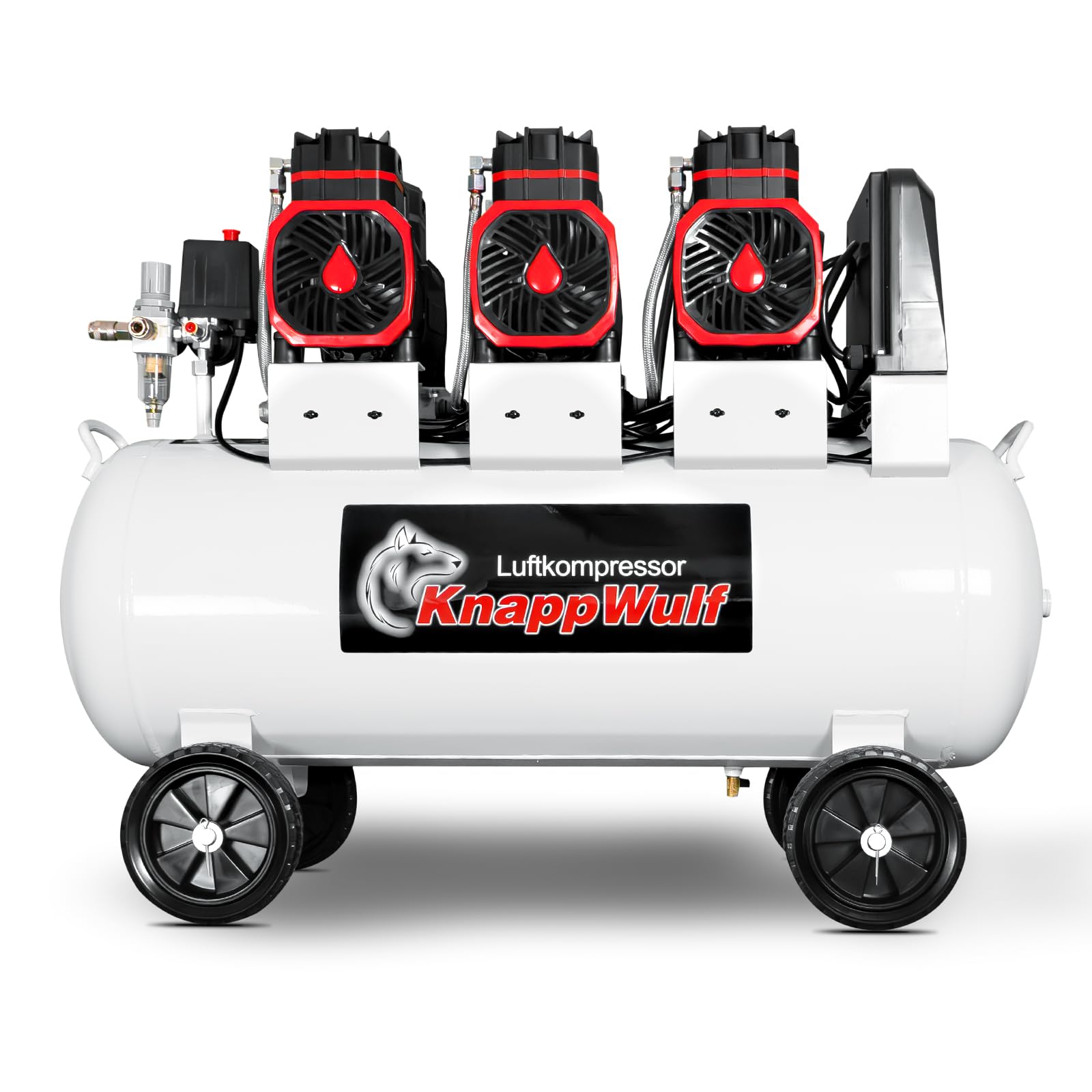 KnappWulf Compresor susurro, 10 bar, caldera de 100 L, 230 V, 3300 W, 754 L/min, sin aceite, incluye separador de agua, regulador de presión, válvula de descarga de agua de condensación, compresor de