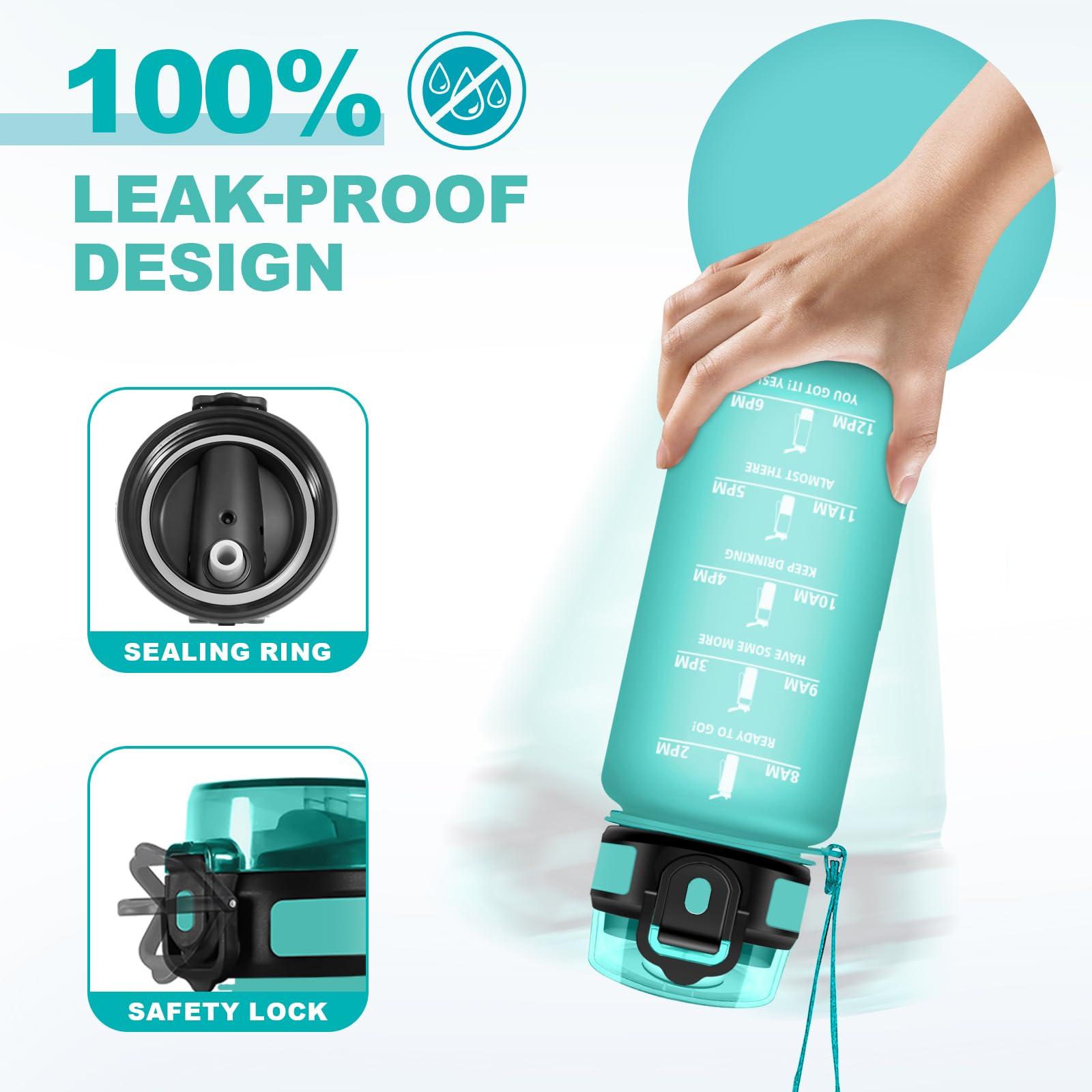 JAPORIA Borraccia 500ml, Borraccia con Cannuccia, Bottiglia Acqua, Bottiglia con Marcatori Temporali, senza BPA, per Scuola, Ufficio, Sport