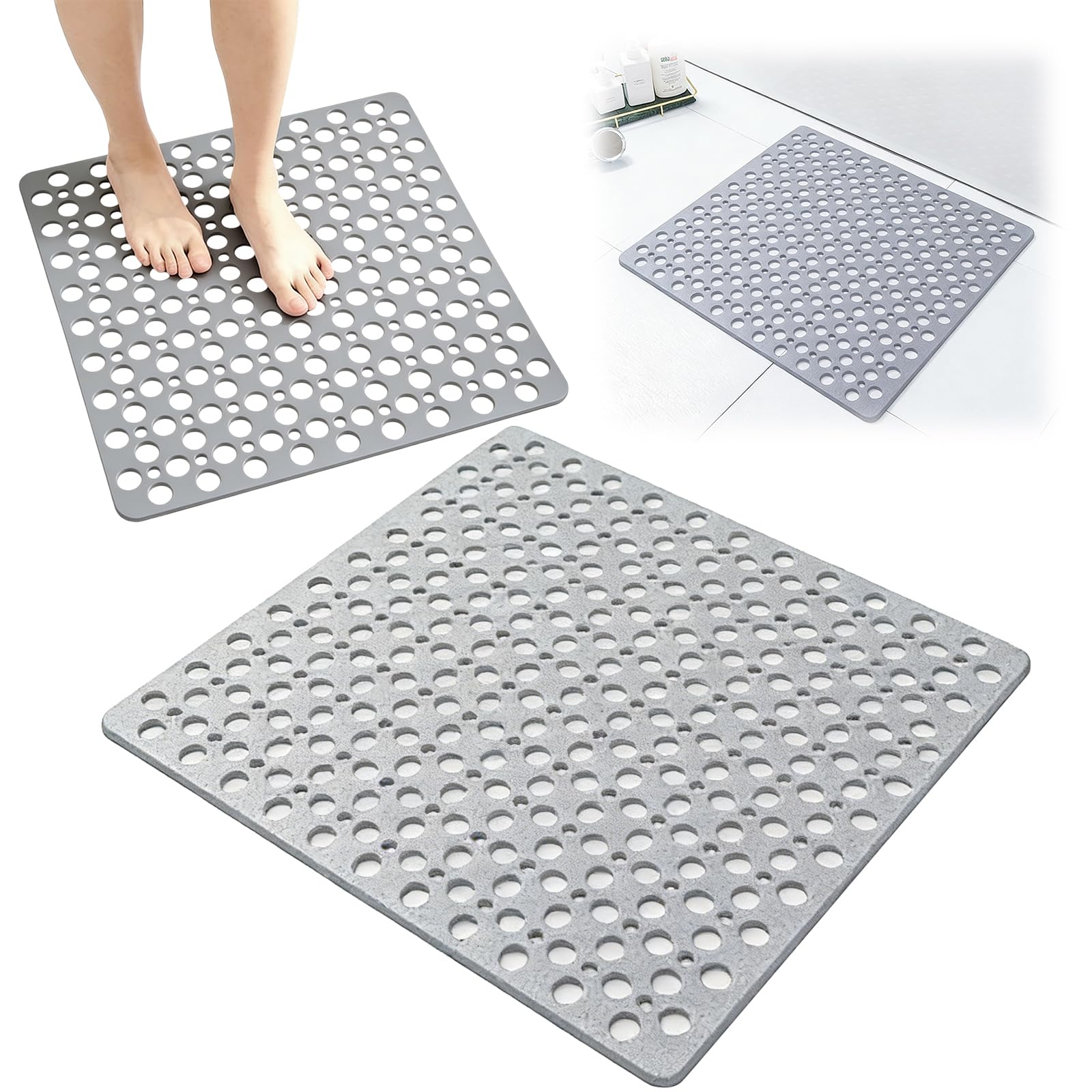 HTU Bath Mat for Tub, Non Slip Shower Mat for Bathroom Bathtub & Shower Stall, Bathtub Anti Slip Floor Mats with Suction Cups and Drain Holes, 20x20inch-Charcoal Gray