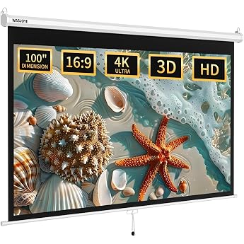 WASJOYE Manual Screen Projector Roller Blind with Universal 100 Inch Roll-Down Retractable Manual Projection Screen with Automatic Locking Adjustable Screen Height Masking Edge