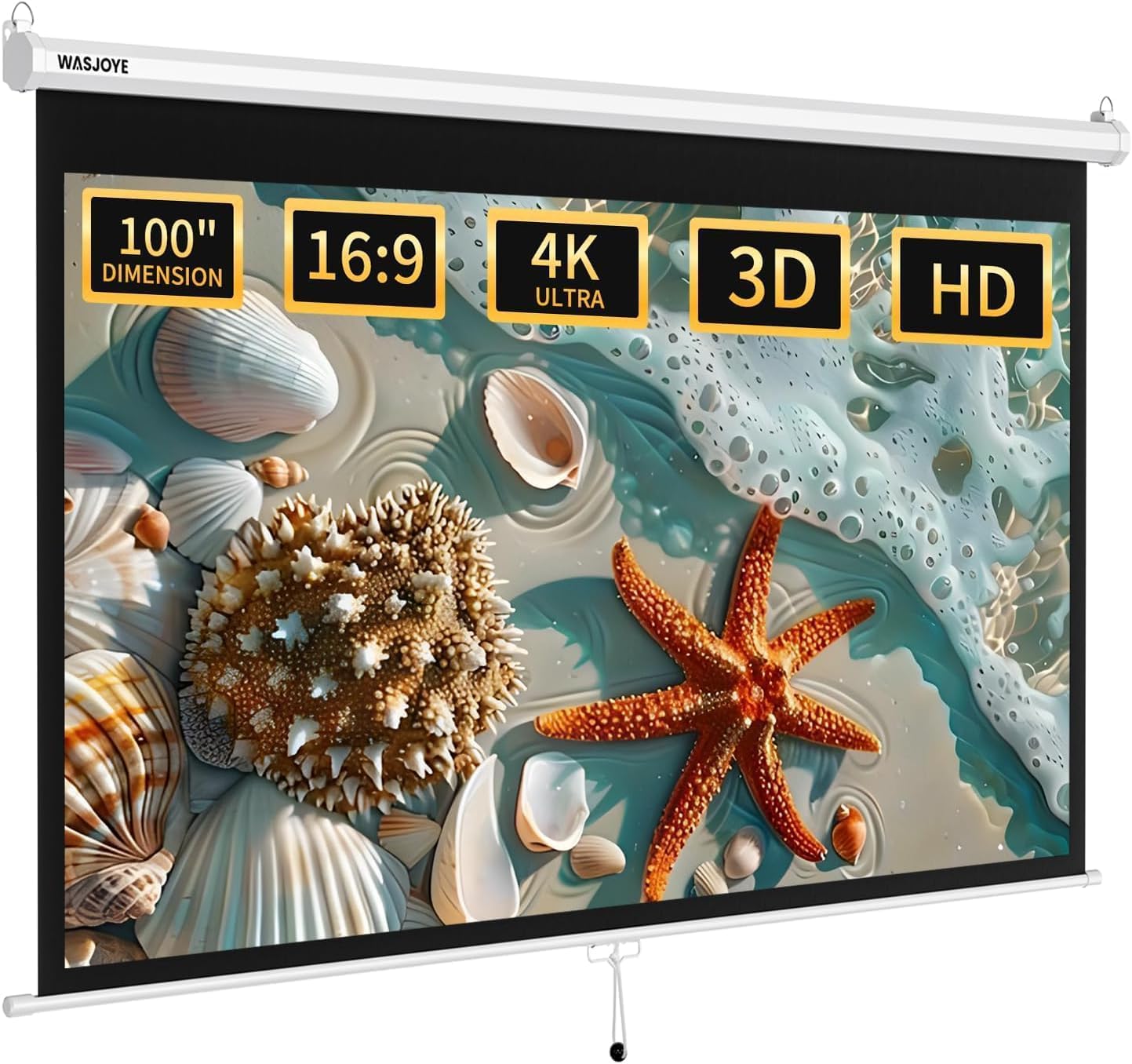 WASJOYE Écran de Projection Manuel - Universal 100" Toile Videoprojecteur Enroulable Rétractable, Projector Screen avec Verrouillage Automatique, Hauteur d'Ecran réglable, Lunette Noire Masquée