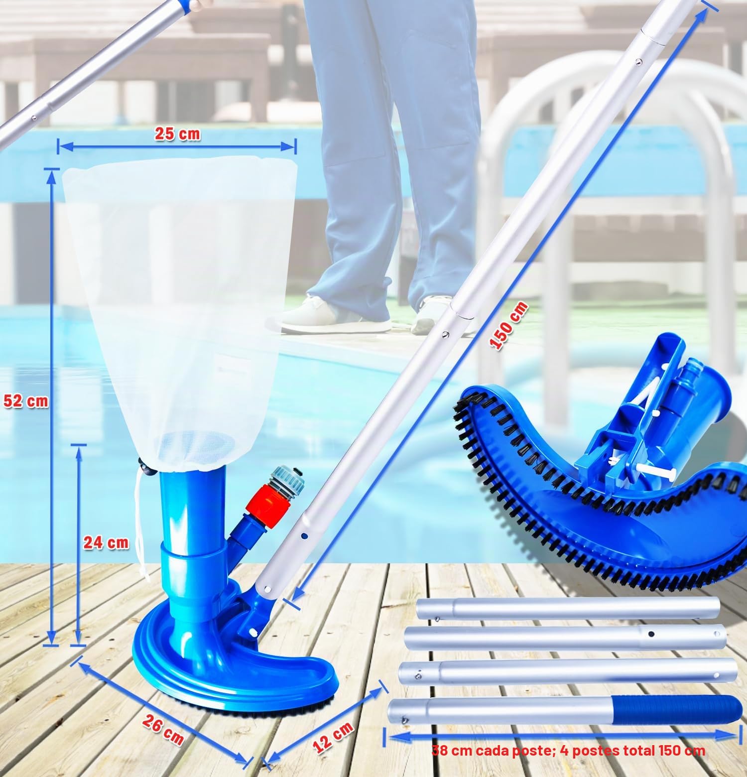 Aspirador para Piscinas Herramientas de Limpieza, Cabezales de Aspiración con 1.5M Mástil Telescópico Desmontable Kit de Aluminio para Bañera de Hidromasaje, Fuente, Cuario, SPA, Estanque