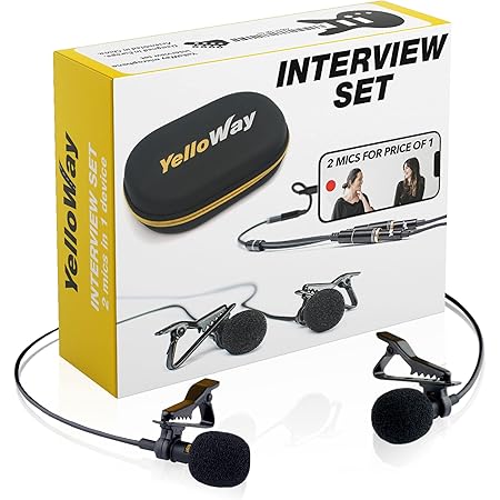 "YelloWay" Dual Lavalier Lapel Microphone - for Interviews - 2 Persons Podcast Microphone Pack - 2 Conference Room Omnidirectional Microphone Set