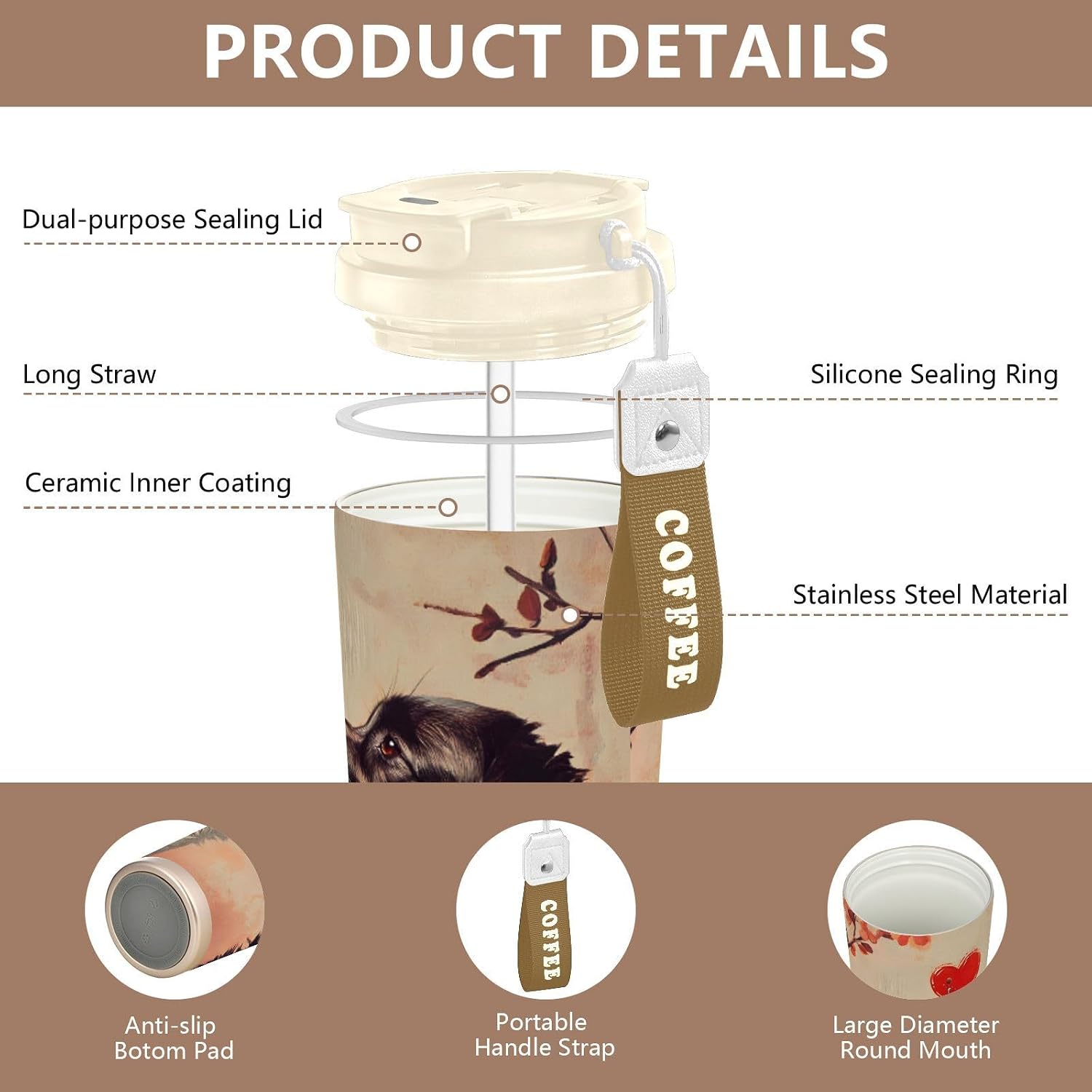 Dogs Heart Red Floral Insulated Coffee Mug with Straw & Flip Lid, 16.9oz Iced Tumbler Cup, Double Wall Vacuum Mug for Travel Office