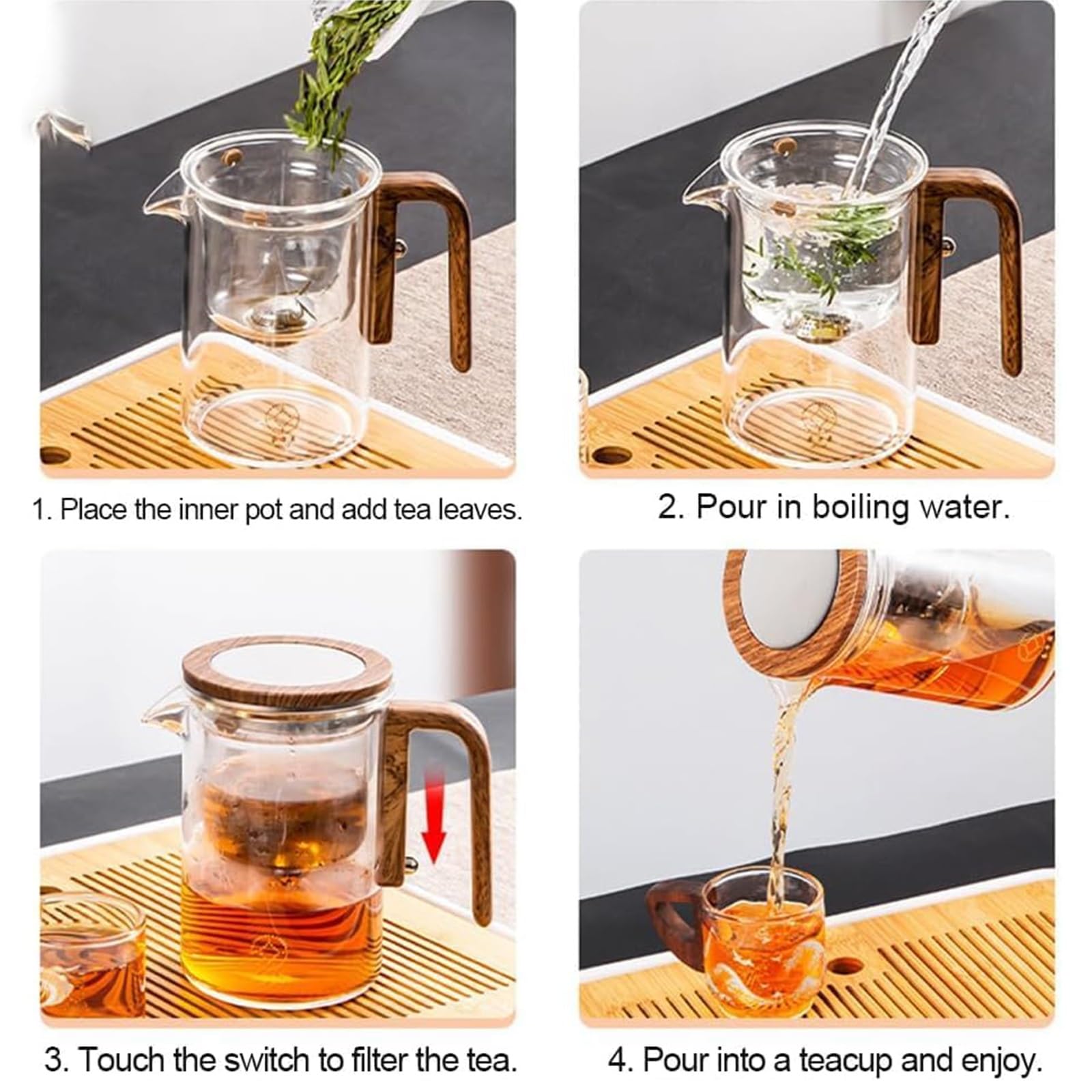 Tetera mágica Enchanti Tea, Tetera mágica Enchanti, Tetera de brujería Enchanti Tea, Tetera de Vidrio con separación de Agua y Mango de Madera (500 ml)(520ml)