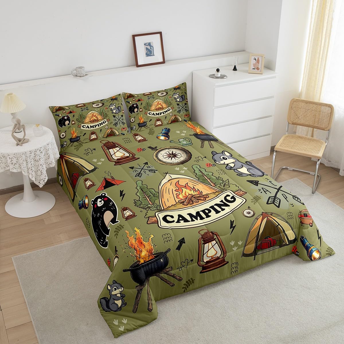 Erosebridal Kids RV Camper Queen Comforter Set,Camping Tent Bedding Set for Boys Girls Room Decor,Forest Bear Fox Bed Set Rustic Style Travel Trailer Bedding Comforter Sets,2 Pillowcases