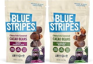 Blue Stripes - Chocolate Covered Cacao Beans, Dark Chocolate, 70% Cacao, Hazelnut Butter, No Refined Sugar, Gluten Free, Vegan, Healthy Snacks, Non GMO, 5g of Sugar per Serving - Variety 2 Pack