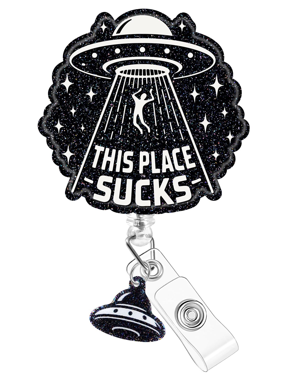 Plifal Badge Reel Holder Clip - Funny UFO Alien This Place Sucks Retractable ID Name Card Badge Reel with Charm Alligator Clip, Office Nurse Nursing Medical Worker Student Accessories Gifts