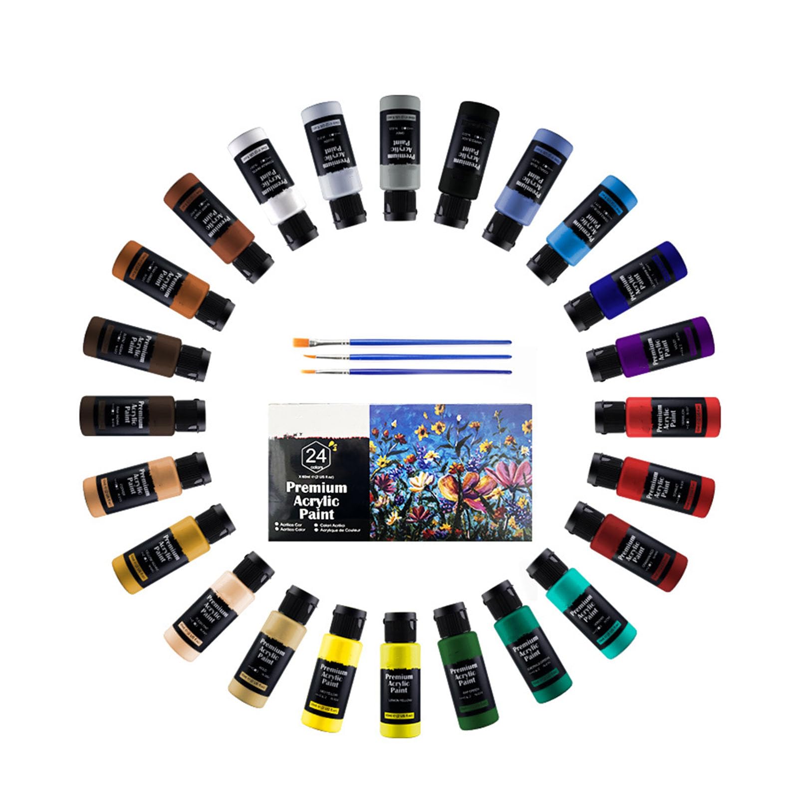 Professionelles Aquarellfarben-Set, 24 Flaschen mit flüssigen Aquarellfarben à 60 ml sowie 3 synthetische Pinsel für Erwachsene, Anfänger und Künstler – hochpigmentiertes,