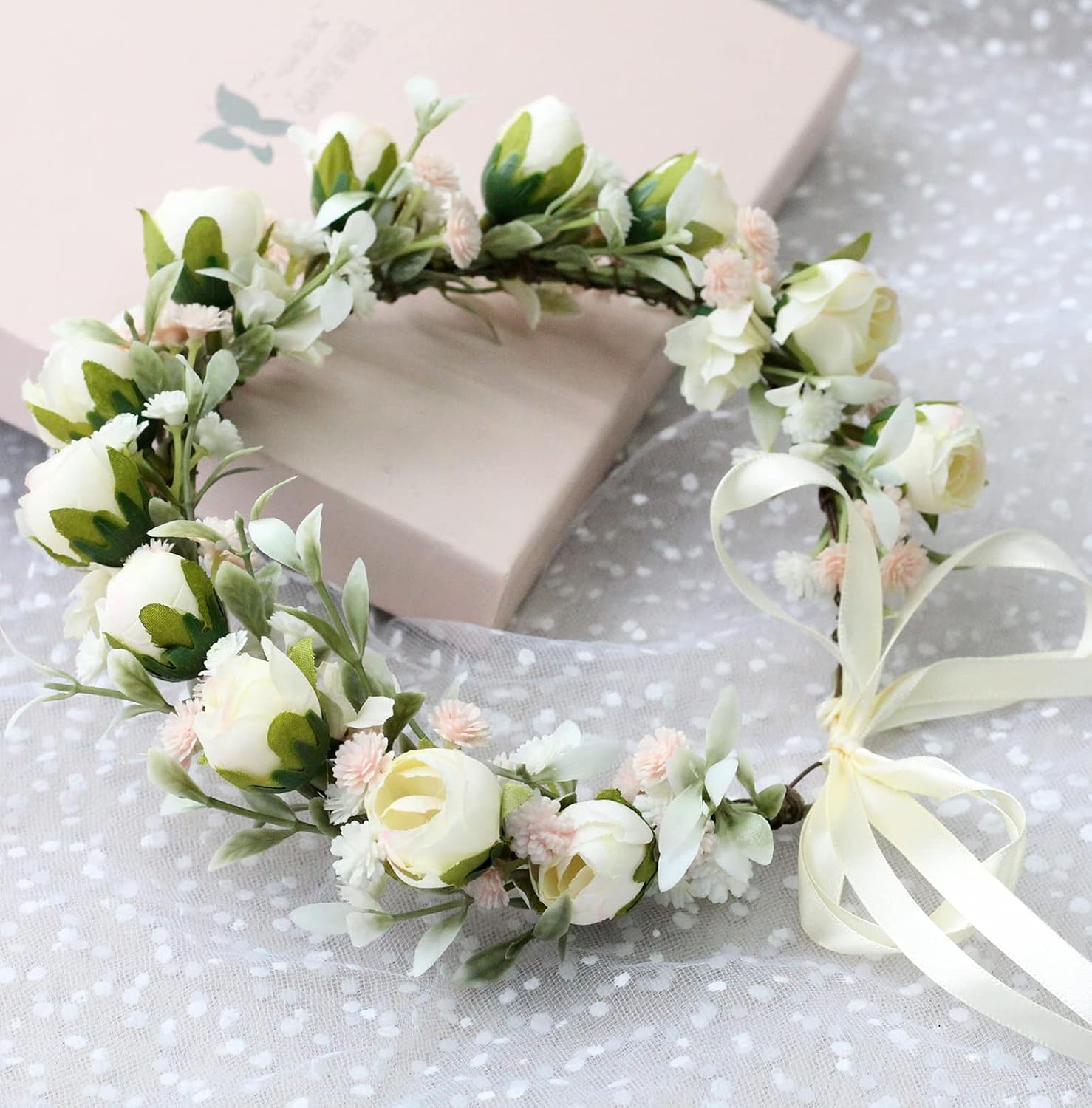 Floral Crown Wreath Bride Flower Headband Hair Wreath Hair Garland Flower Halo Floral Headpiece Boho with Ribbon Wedding Party White by Brikuinr - Image 4