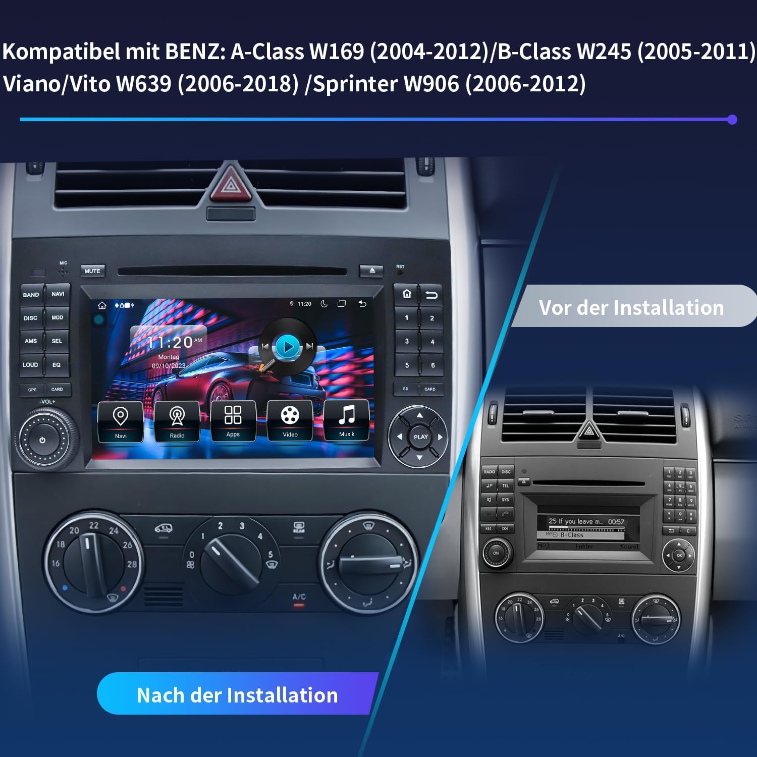 Autoradio für Mercedes Vito W639, Sprinter W906, A-Klasse W169, B-Klasse W245 – 2 DIN Radio mit CarPlay, DAB+, Navi, Bluetooth