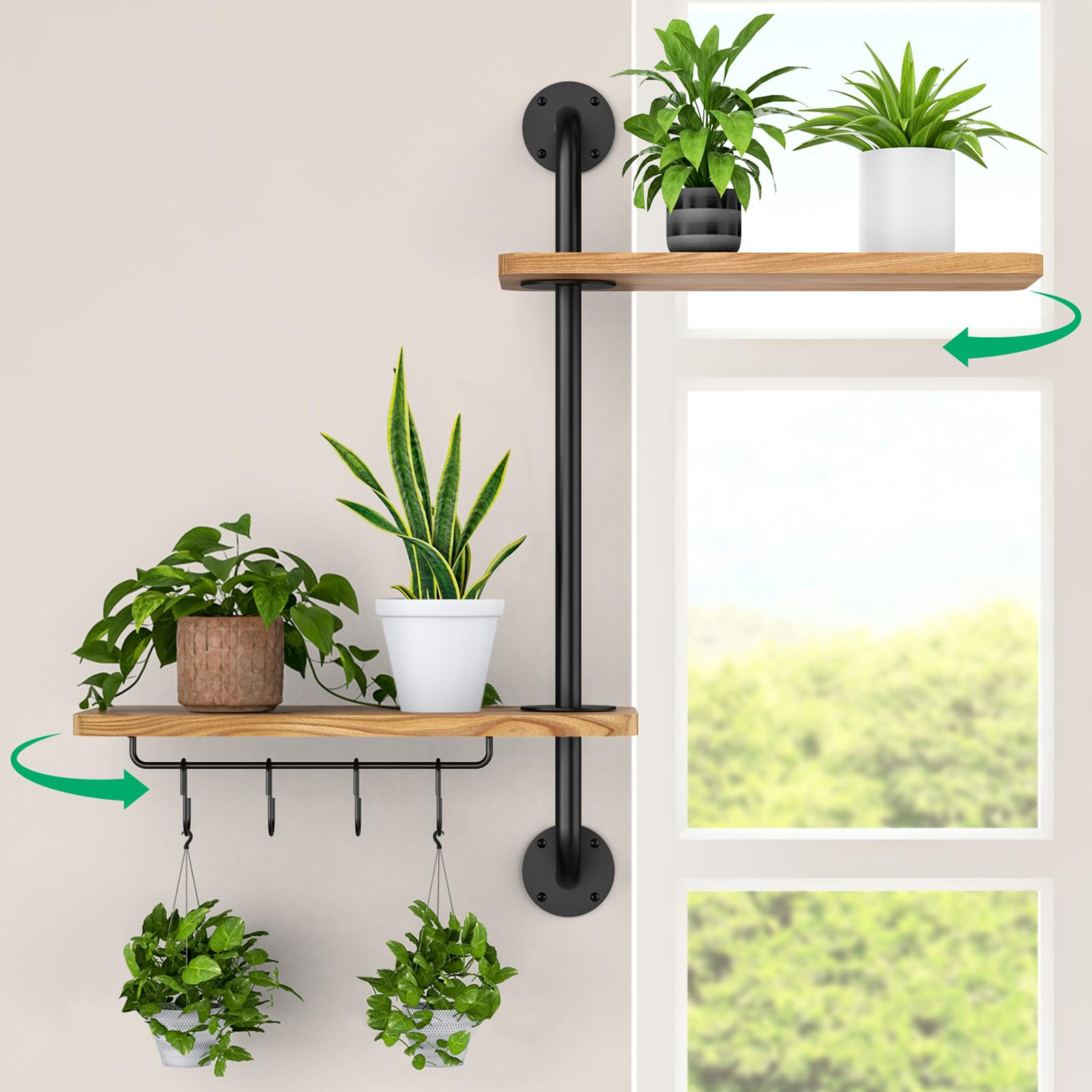 THYGIFTREE Window Plant Shelves 2-Tier Rotating Plant Display Holder Wall Mounted Pipe Swivel Plant Stand Rustic Floating Shelves for Houseplants Herbs