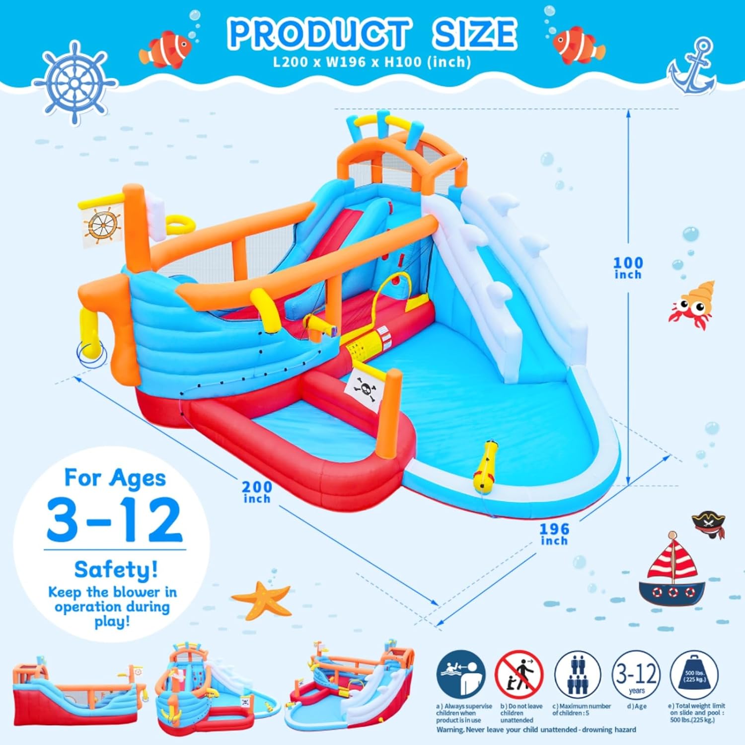 9-in-1 Inflatable Slide Water Park for Kids, Multicolor Oxford Fabric Bounce House with Dual Slides, Climbing Wall, Water Guns, Basketball Hoop, Ring Toss & Shallow Pool, Indoor Outdoor Play Center