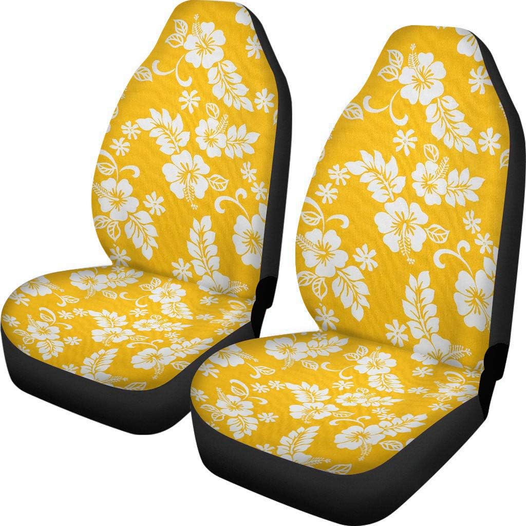 FUSURIRE Yellow Floral Front Car Seat Covers White Hibiscus Flowers Print Breathable Car Seats Protector for Front Seats Universal Fit for Most Cars 2 Packs